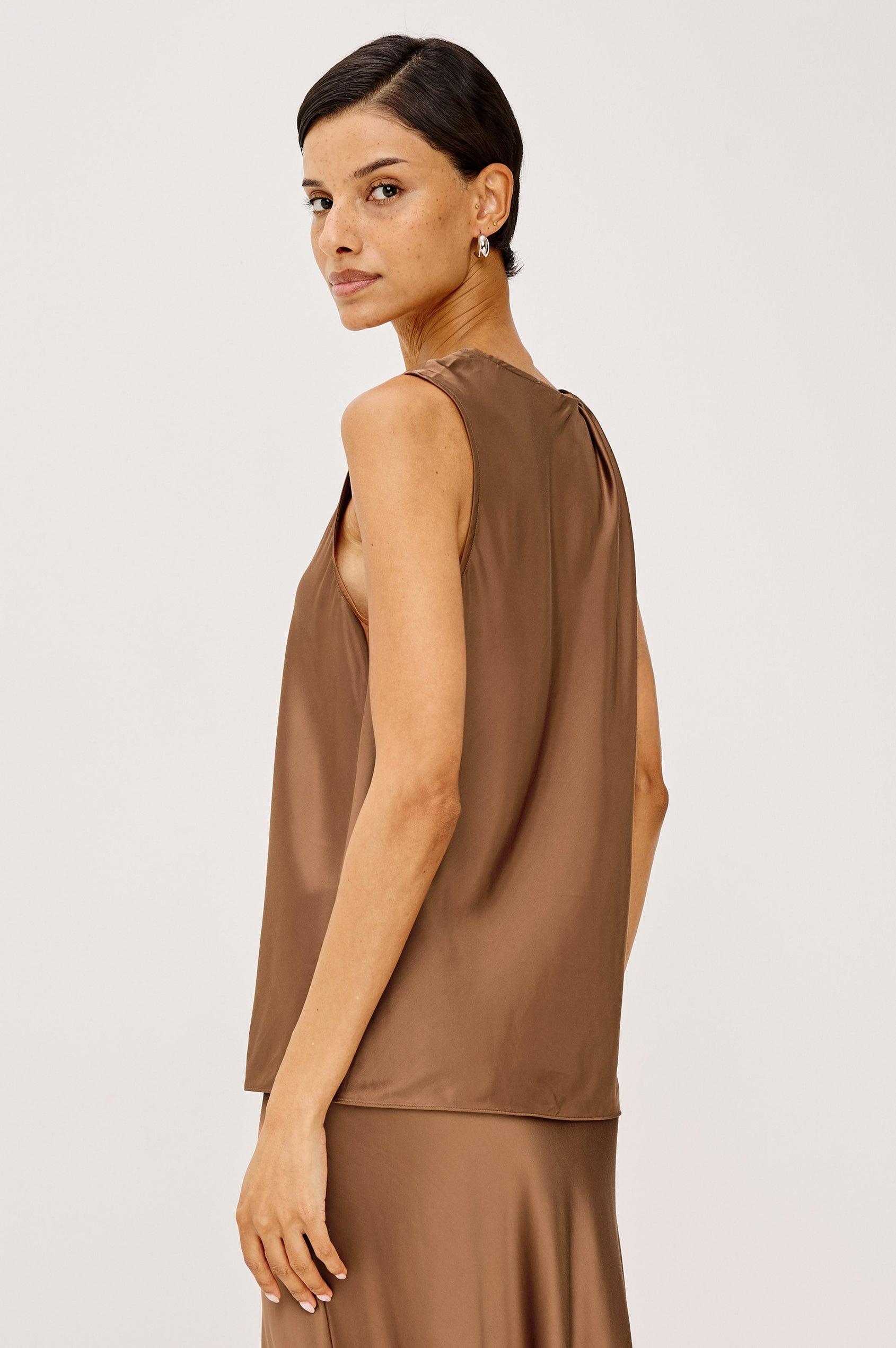 Romina Maxi Skirt Bias Cut in Satin-Back Crepe With Elastic High Waist in Cinnamon Colorway - Upper Body Back View Featured on Model