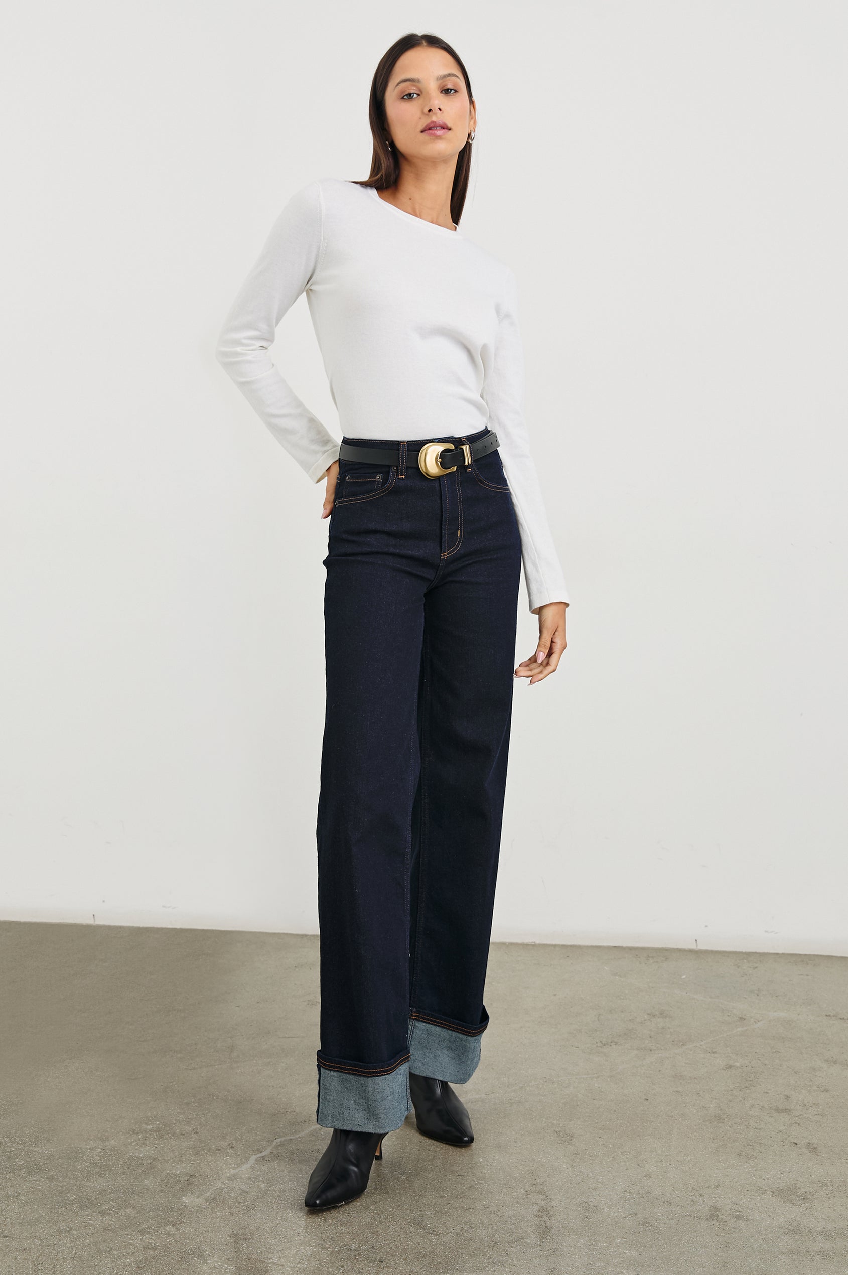 Rodeo Belt with a Black Leather Belt with Belt Loop and a Chunky Gold-Toned Buckle in Brown Gold Colorway - Front Full Body View Featured on Model 