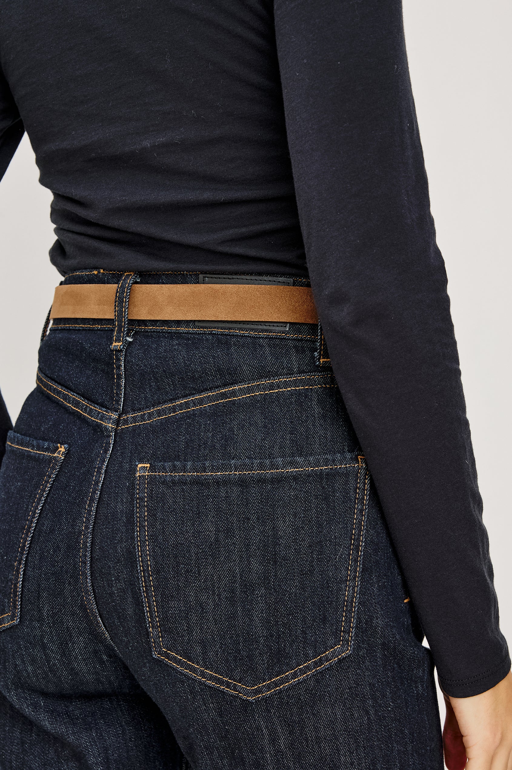 Rodeo Belt with a Brown Leather Belt with Belt Loop and a Chunky Gold-Toned Buckle in Brown Suede Colorway - Front View Featured on Model