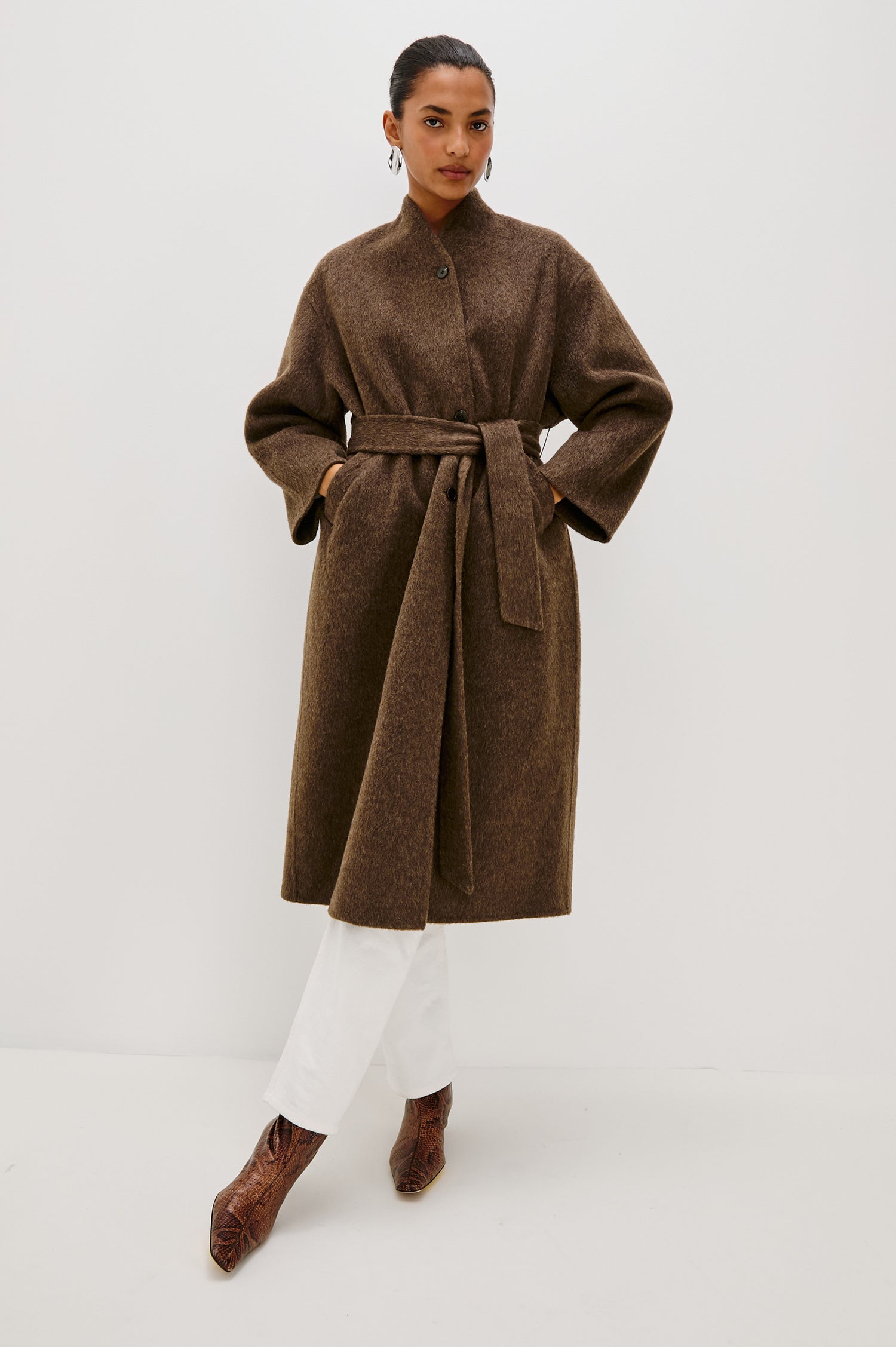 Roland long-line wool-blend coat in Heather Umber brown, featuring a tie-belt and button closure - front full body view featured on model.