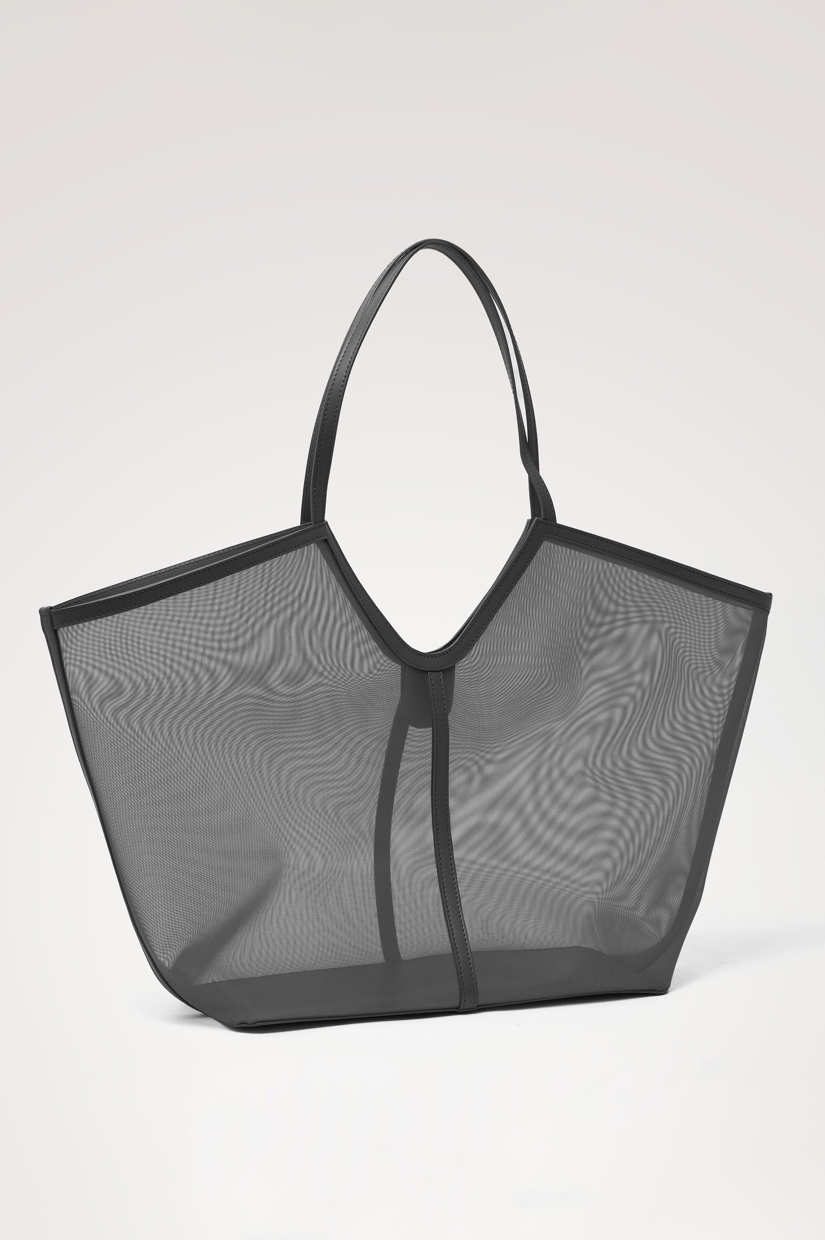 Roma Tote in Mesh With Spacious Trapeze Shape, Leather Trim, and Top Handles in Black Colorway - Front View Featured