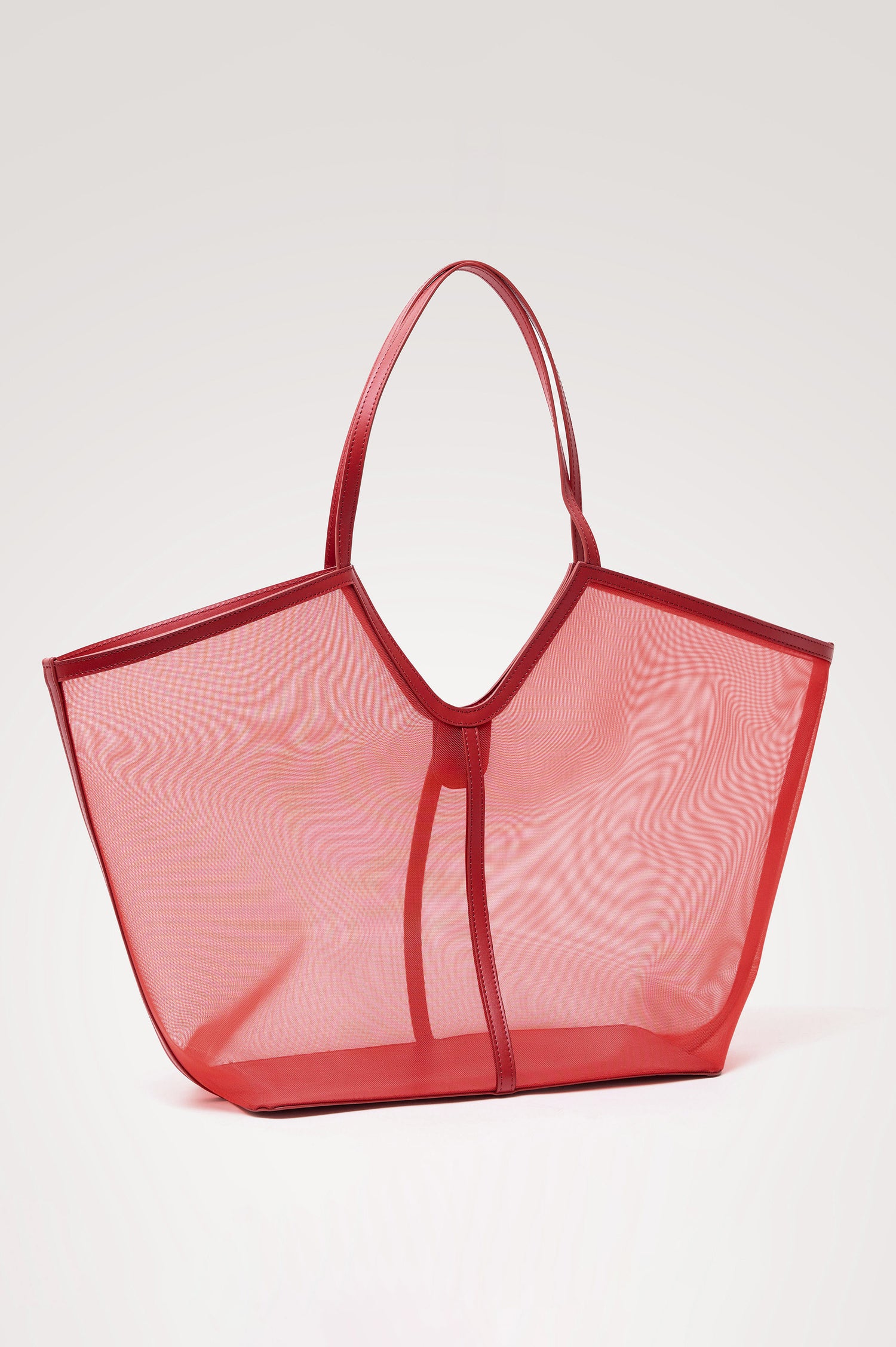 Roma Tote in Mesh With Spacious Trapeze Shape, Leather Trim, and Top Handles in Tomato Colorway - Front View Featured