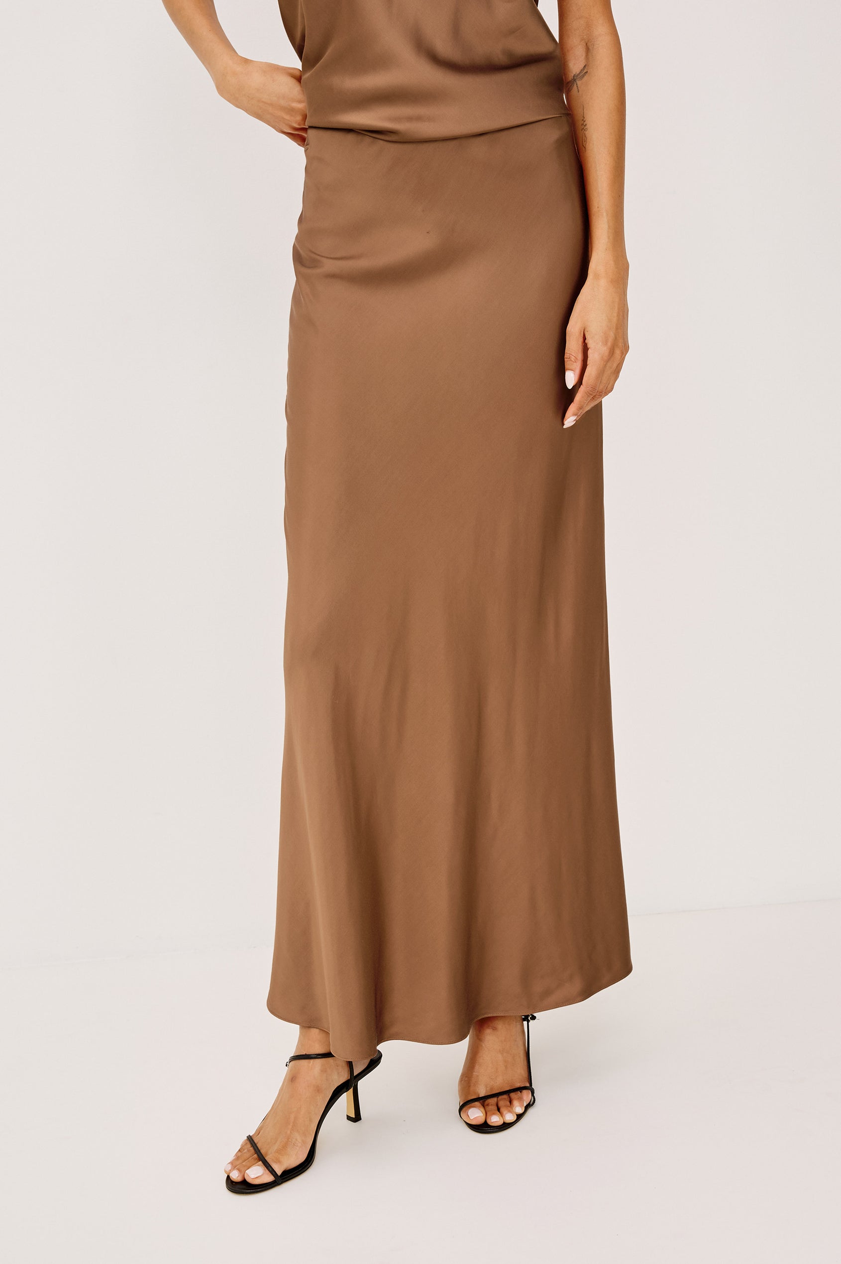 Romina Maxi Skirt Bias Cut in Satin-Back Crepe With Elastic High Waist in Cinnamon Colorway - Lower Body Front View Featured on Model