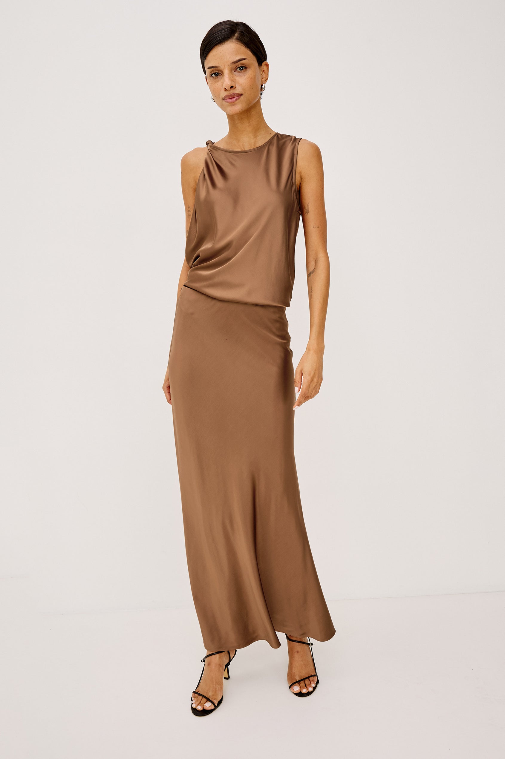 Romina Maxi Skirt Bias Cut in Satin-Back Crepe With Elastic High Waist in Cinnamon Colorway - Full Body Front View Featured on Model