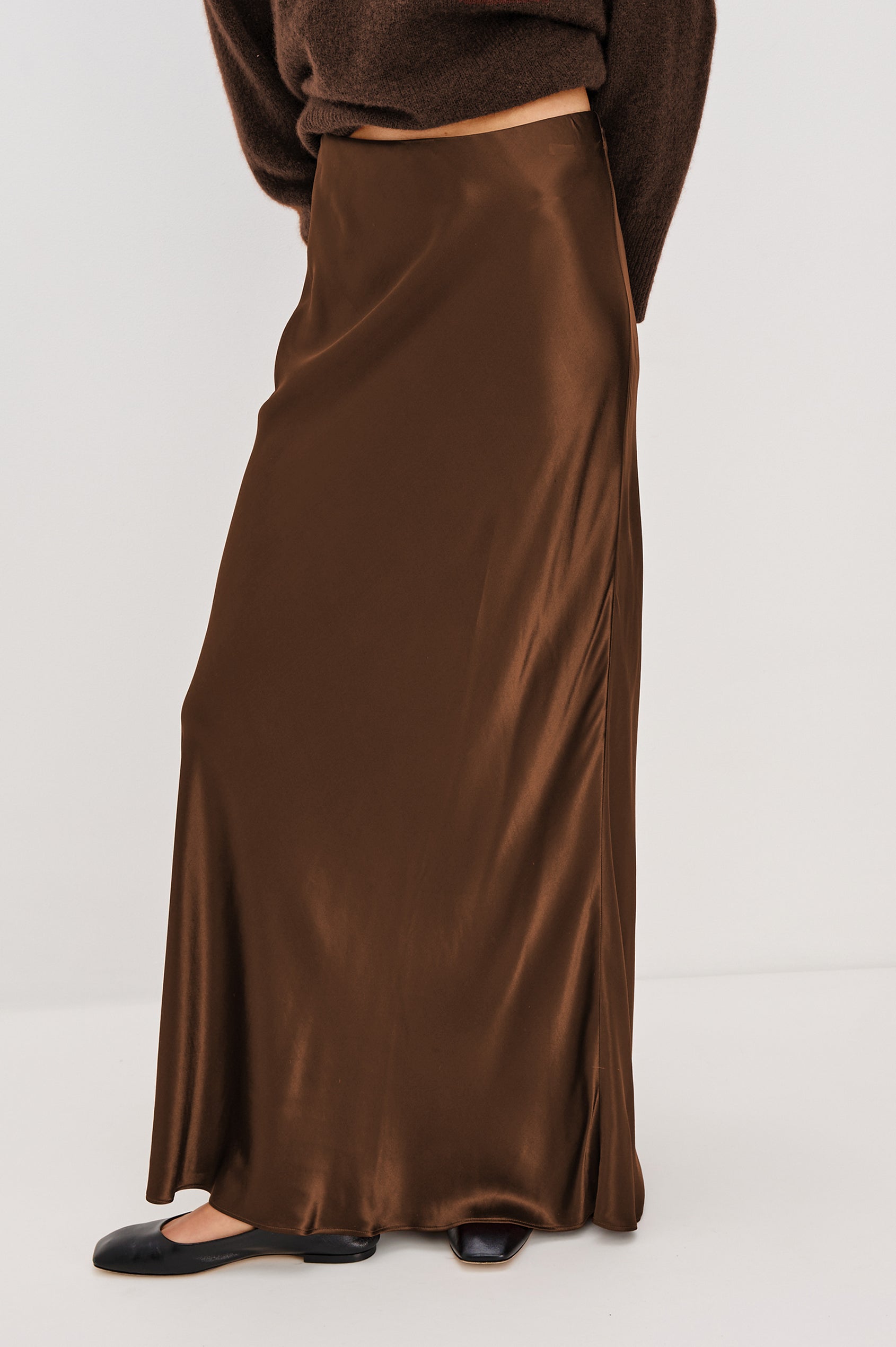 Romina Maxi Satin Skirt in Espresso Colorway - Front View Featured on Model