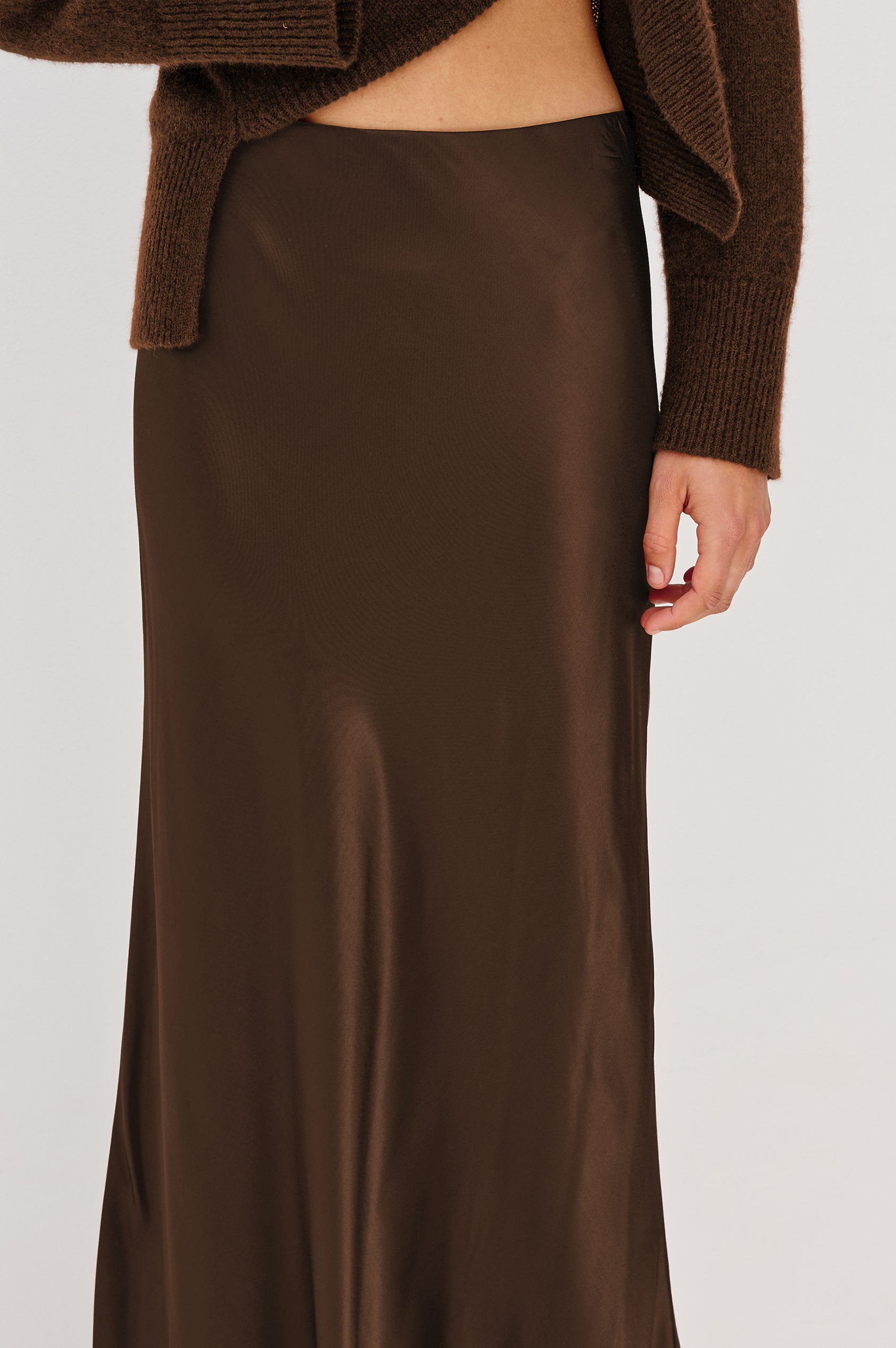 Romina Maxi Satin Skirt in Espresso Colorway - Close Up View Featured on Model