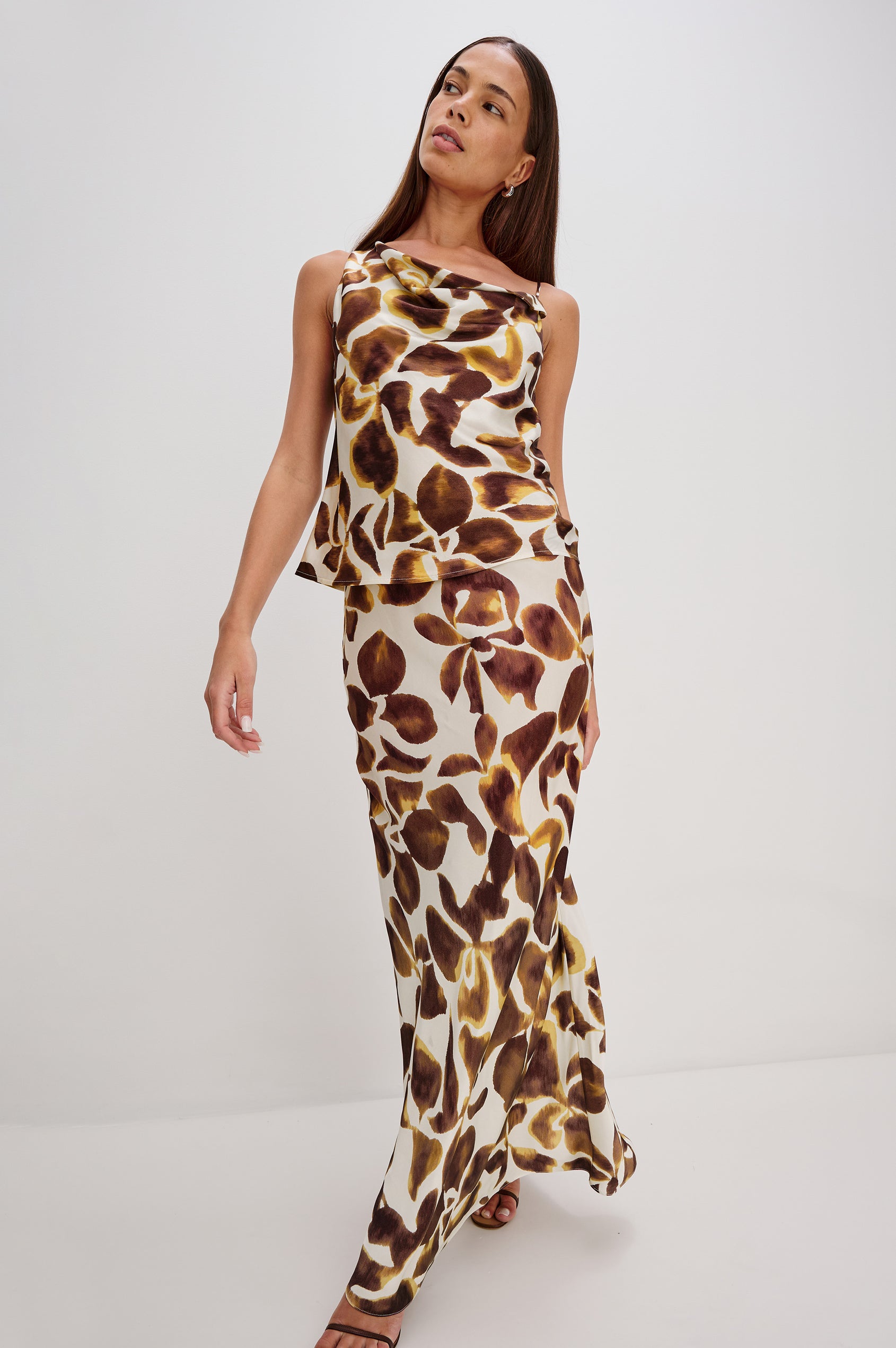 Romina Maxi Satin Skirt in Espresso Lily Colorway, Floral Print - Full Body Front View on Model