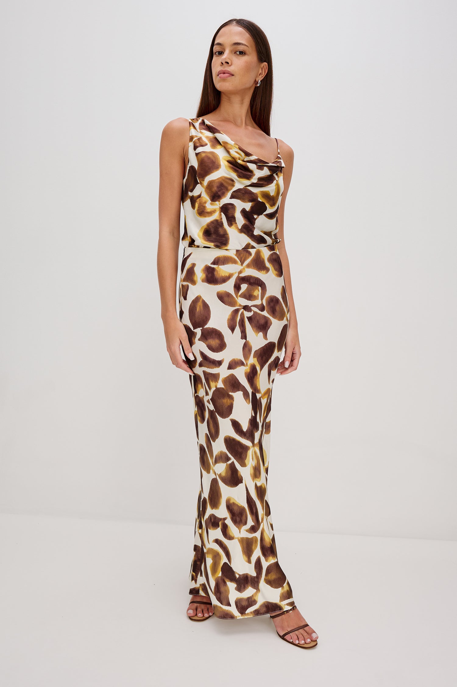 Romina Maxi Satin Skirt in Espresso Lily Colorway, Floral Print - Full Body Front View on Model