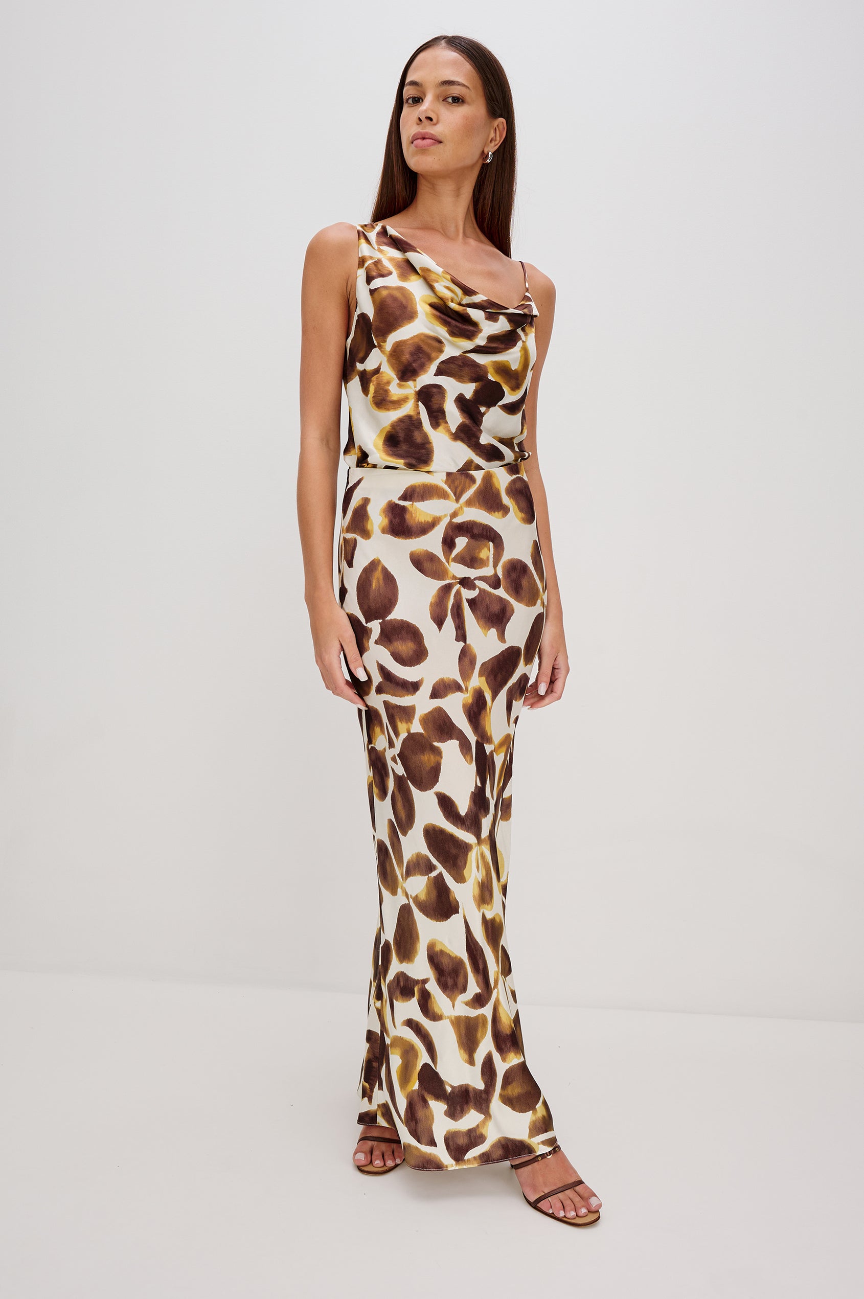 Romina Maxi Satin Skirt in Espresso Lily Colorway, Floral Print - Full Body Front View on Model