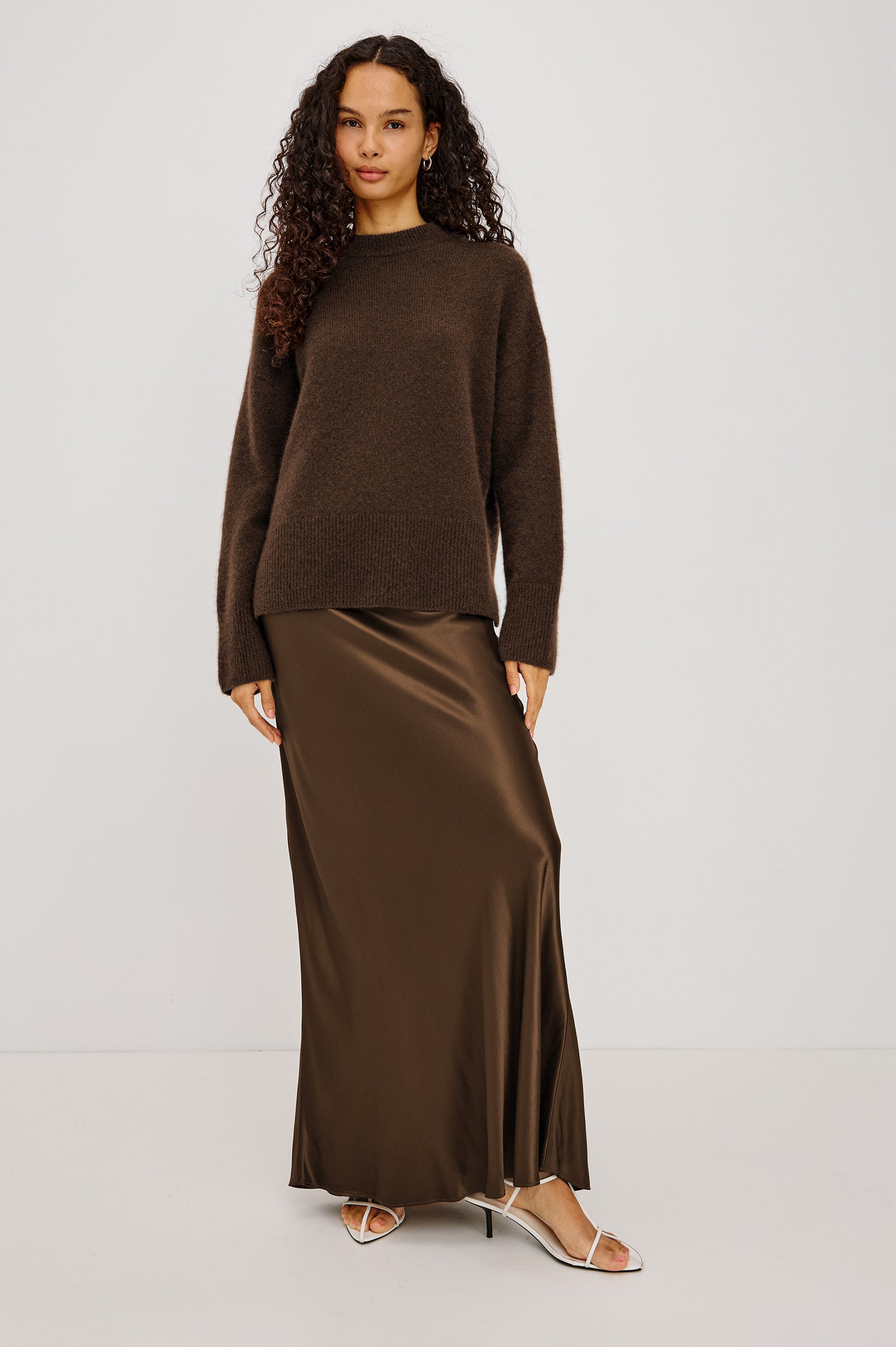 Romina Maxi Skirt Bias Cut in Satin-Back Crepe With Elastic High Waist in Espresso Colorway - Full Body Front View Featured on Model