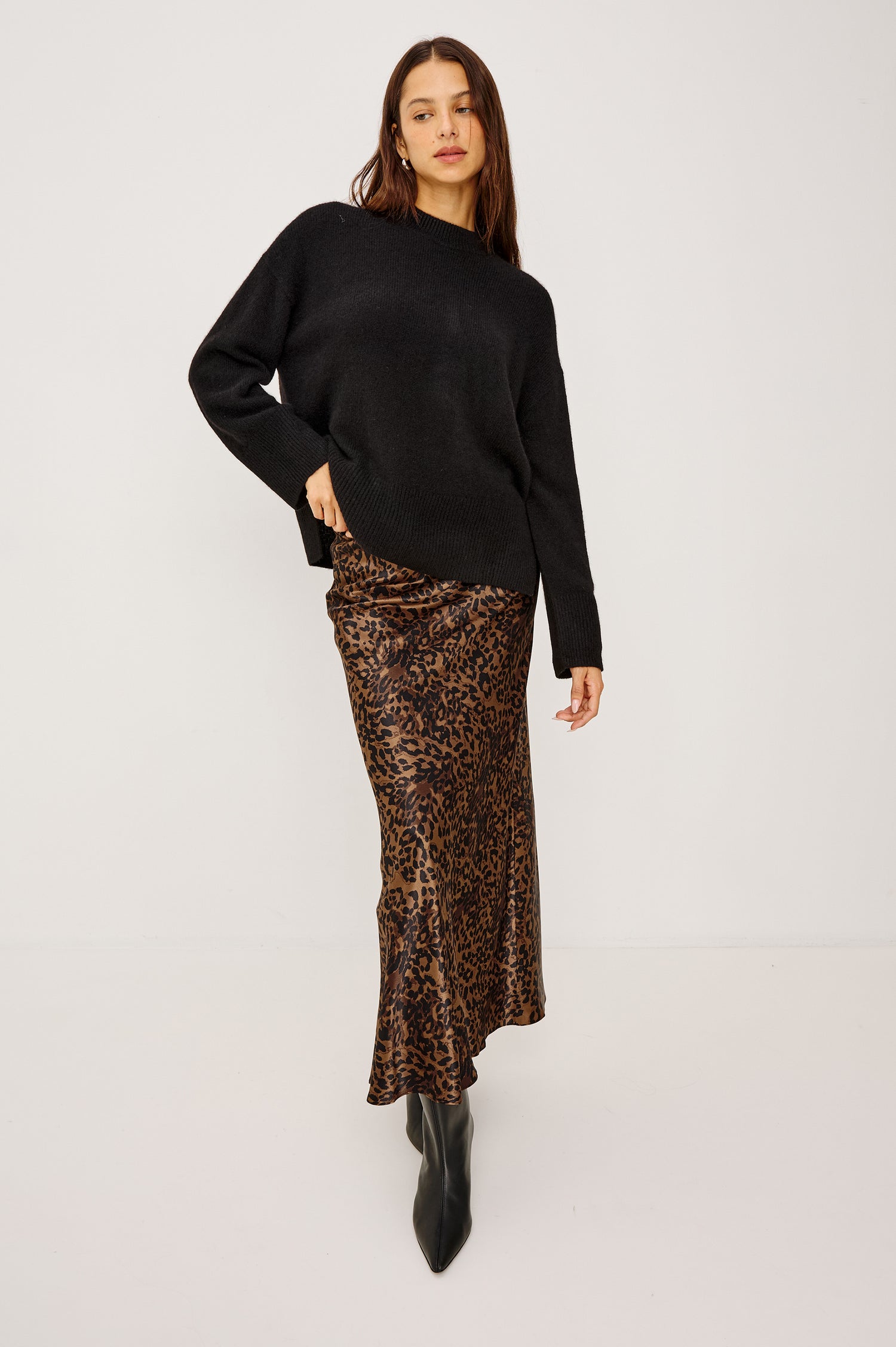 Romina Midi Skirt in Satin Back Crepe With Bias Cut in Ginger Spotted Colorway - Full Body Front View Featured on Model