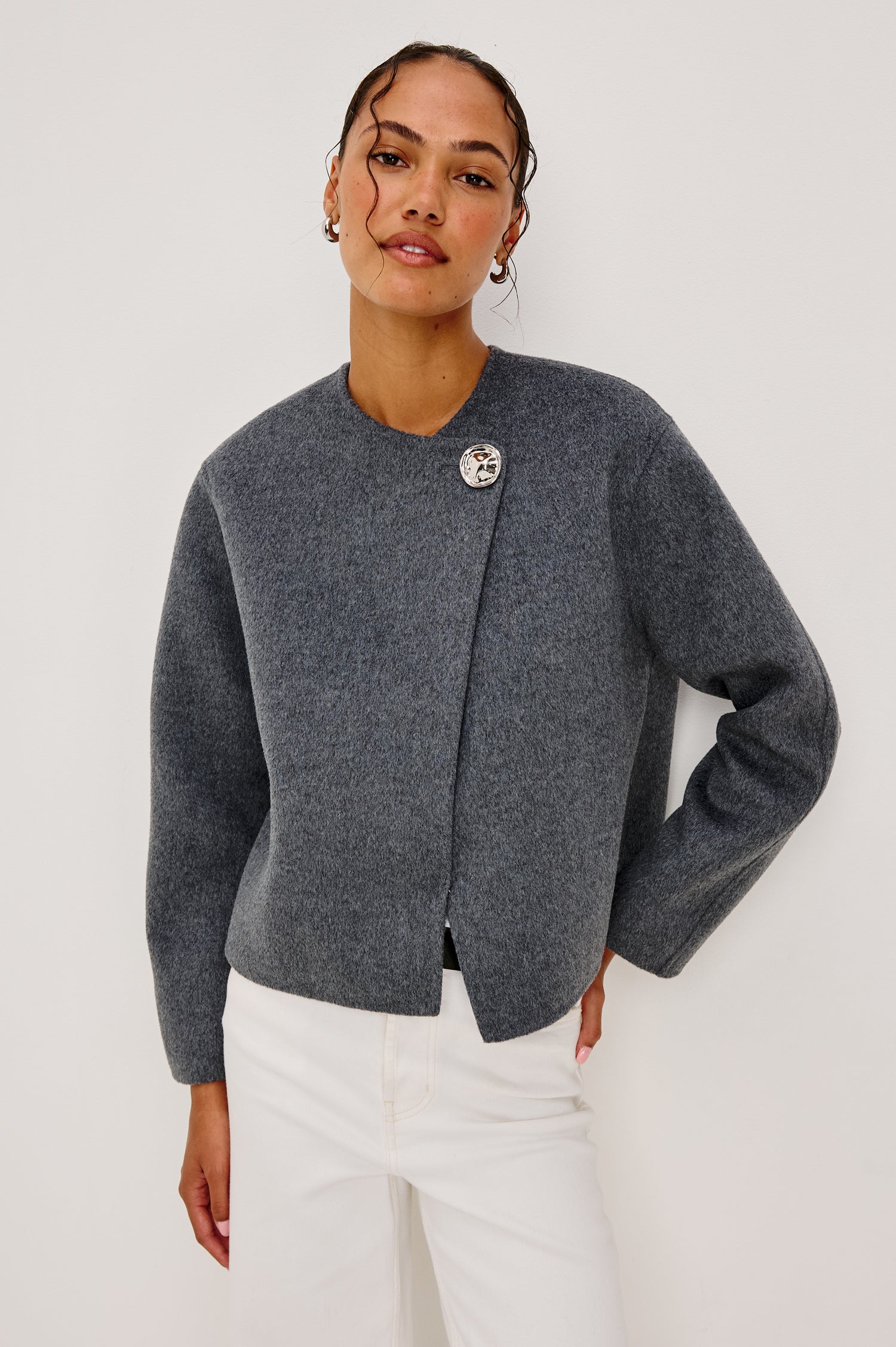 Ronda Jacket in Heavy Wool Blend With Boxy Wrap Style Design, Front Molded Metallic Button Closure, Long Sleeves, and is Unlined in Heater Charcoal Colorway - Upper Body Front View Featured on Model