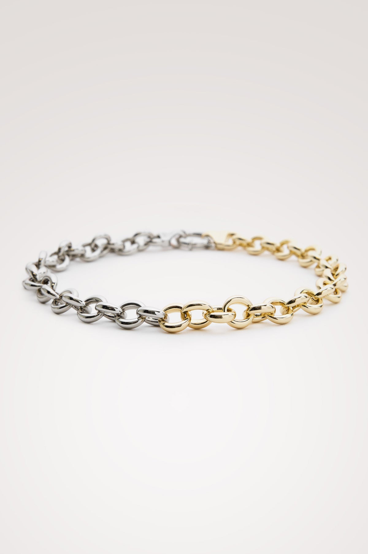Round Link Chain Necklace With Chunky Round Links With Mixed-Metal Design, Toggle Closure, and Engraved Rails Logo at Interior in Silver Gold Colorway - Front view featured.