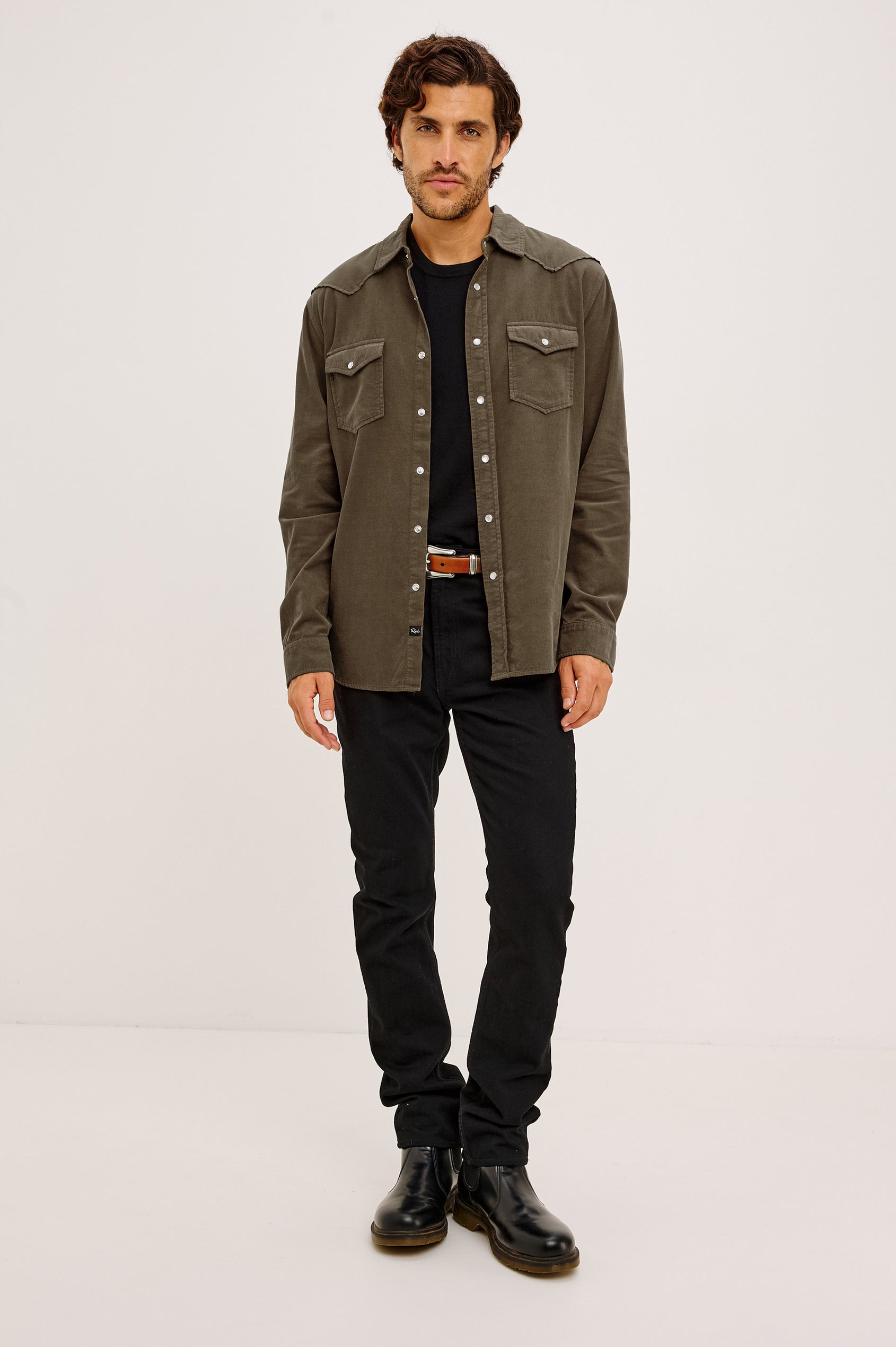 Roy Shirt in Fine Wale Corduroy With Western Shoulder and Back Yokes, Spread Collar, Snap Front, Dual Chest Flap Pockets, and Shirttail Hem in Acacia Colorway - Full Body Front View Featured on Model