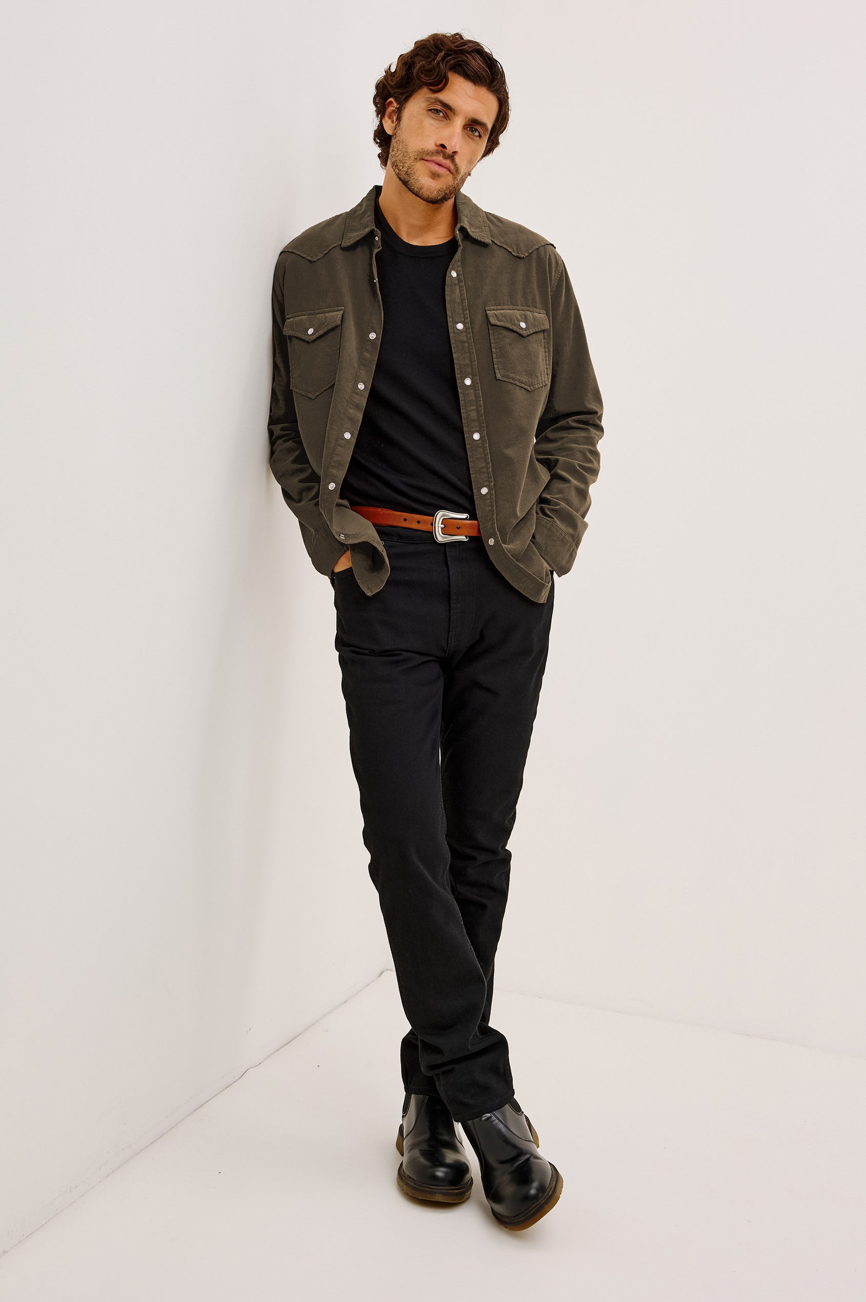 Roy Shirt in Fine Wale Corduroy With Western Shoulder and Back Yokes, Spread Collar, Snap Front, Dual Chest Flap Pockets, and Shirttail Hem in Acacia Colorway - Full Body Front View Featured on Model