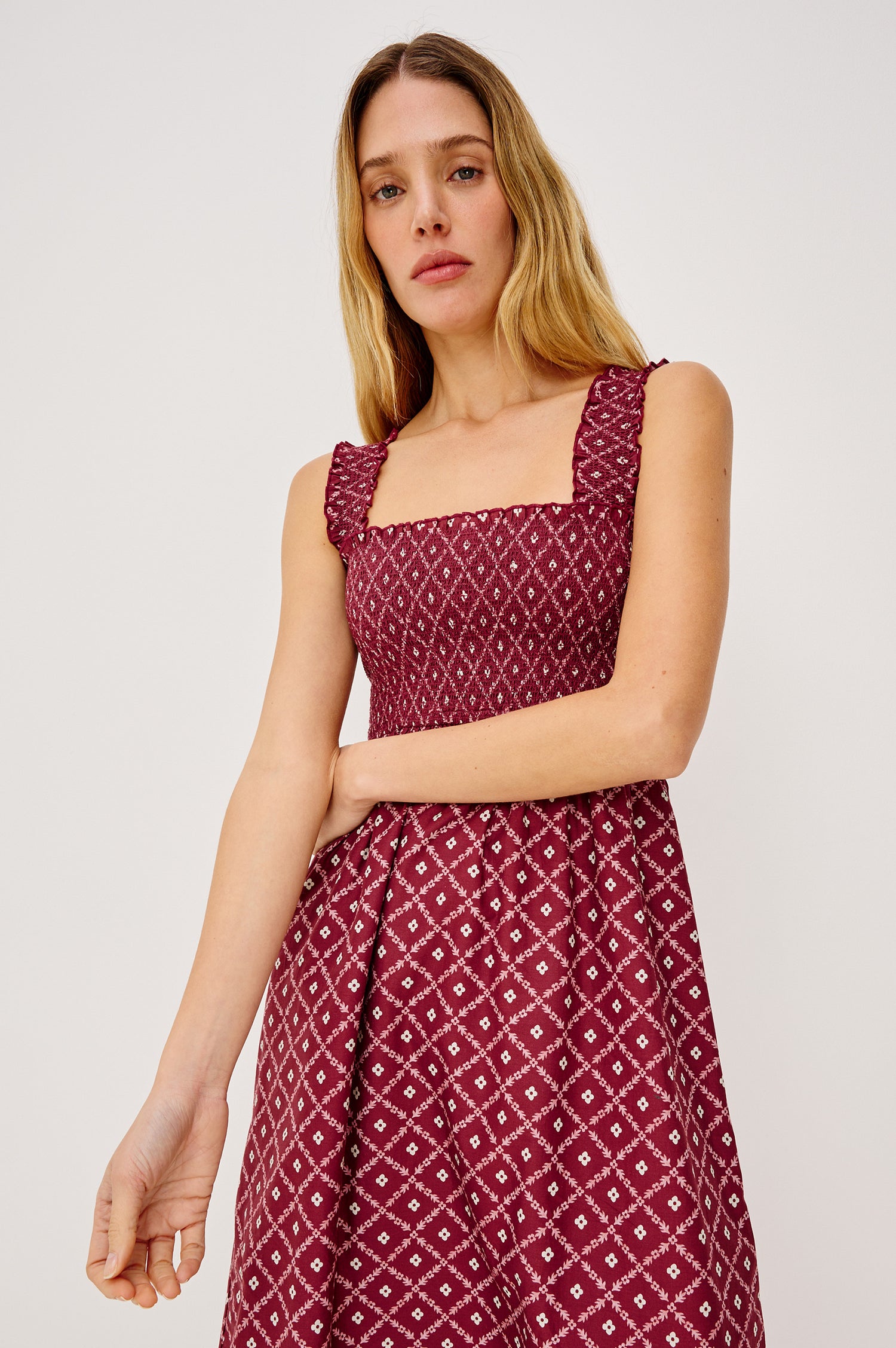 Rumi Midi Dress in Cotton Voile With Smocked Shoulder Straps and Bust, Empire Waist, and Ruffle Hem in Flower Chain Colorway - Upper Body Front View Featured on Model