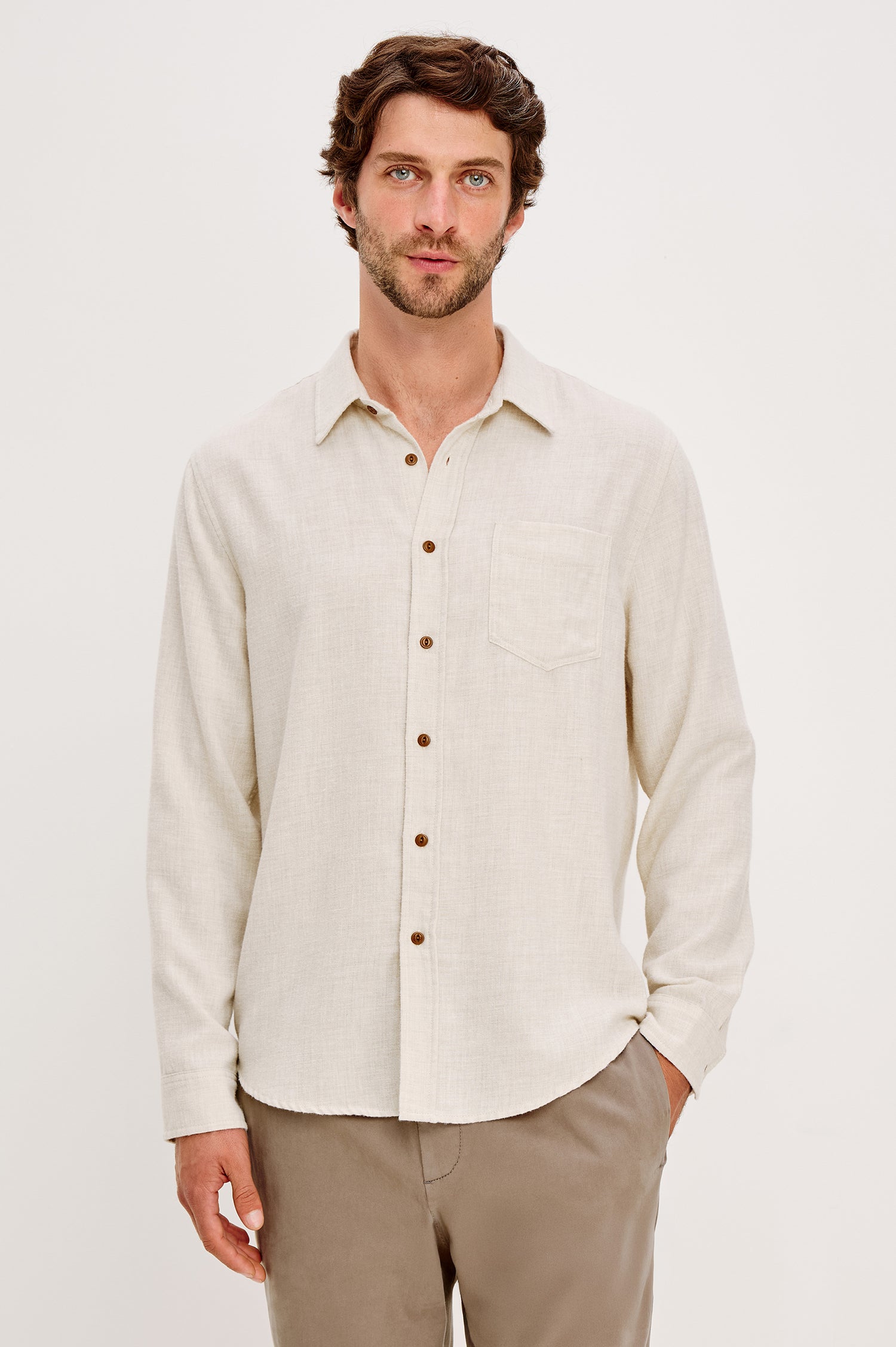 Runson Long-Sleeve Button Down with a Chest Patch Pocket in Cream Heather Colorway - Front View Featured on Model