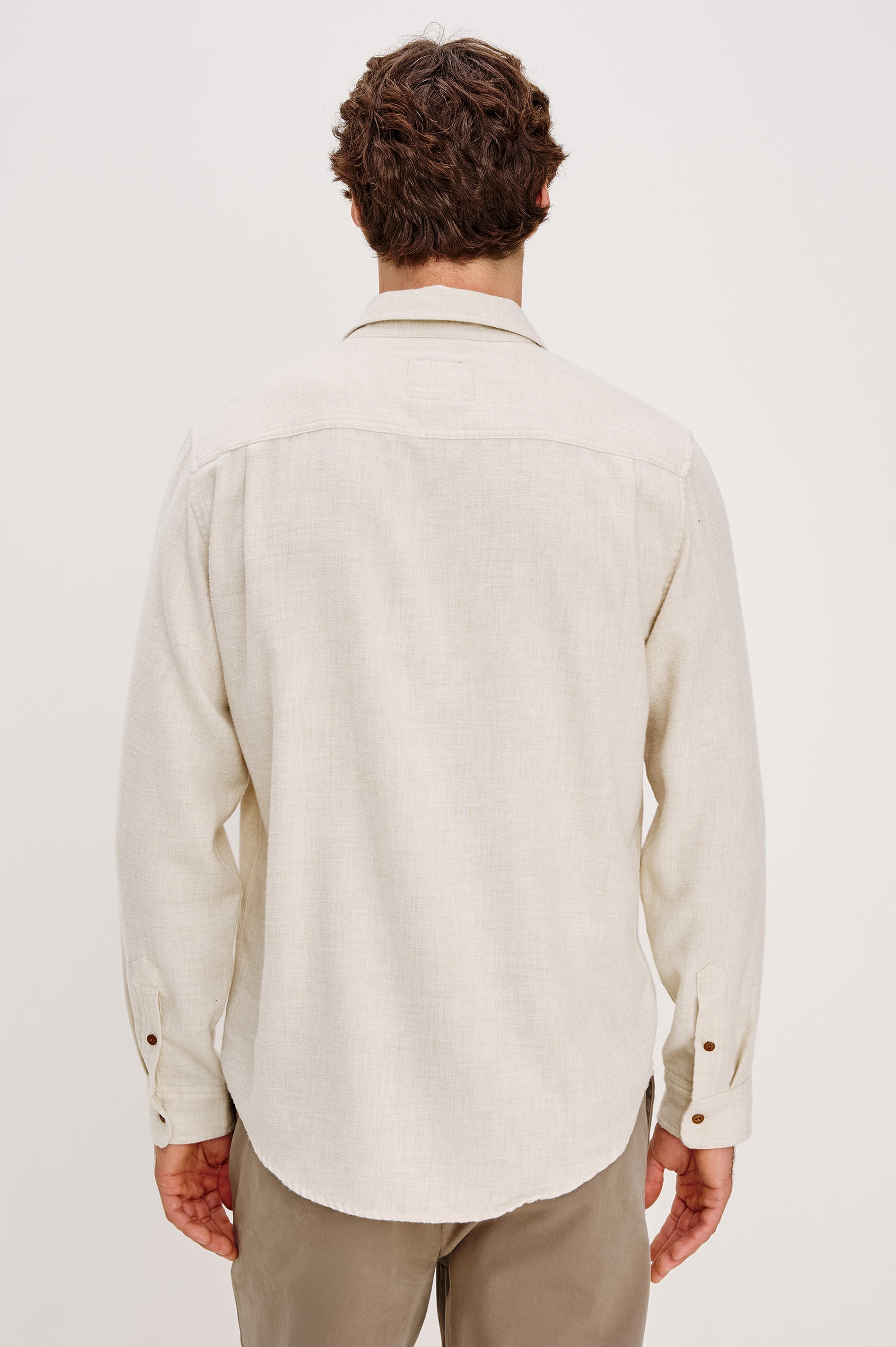Runson Long-Sleeve Button Down with a Chest Patch Pocket in Cream Heather Colorway - Back View Featured on Model