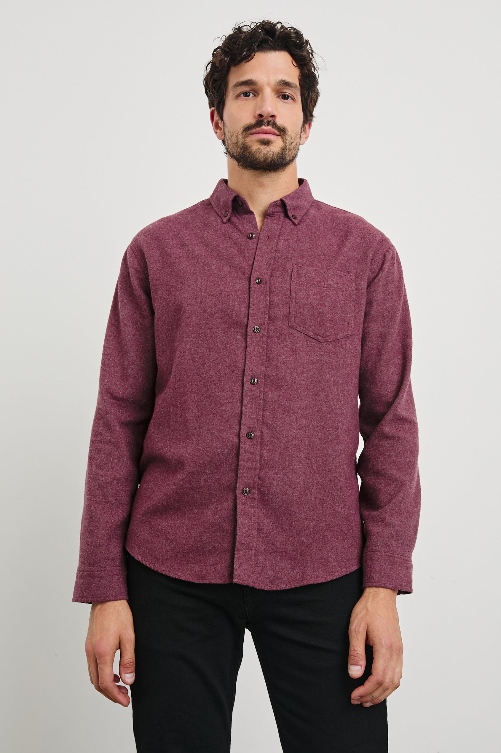 Runson Long-Sleeve Button Down with a Chest Patch Pocket in Currant Colorway - Front View Featured on Model