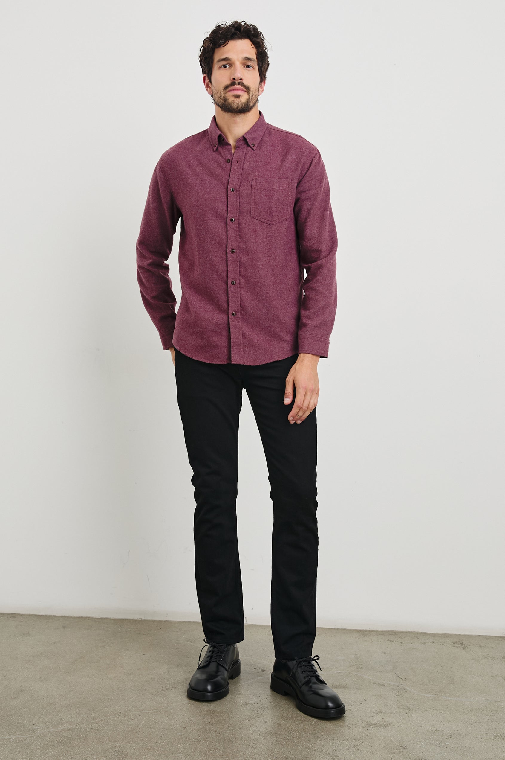 Runson Long-Sleeve Button Down with a Chest Patch Pocket in Currant Colorway - Front Full Body View Featured on Model