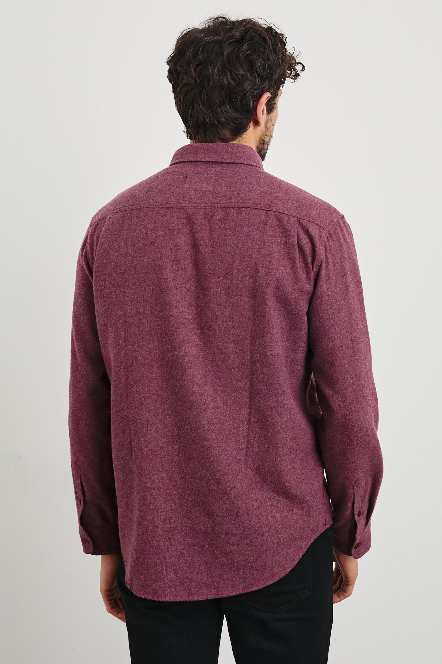Runson Long-Sleeve Button Down with a Chest Patch Pocket in Currant Colorway - Back View Featured on Model
