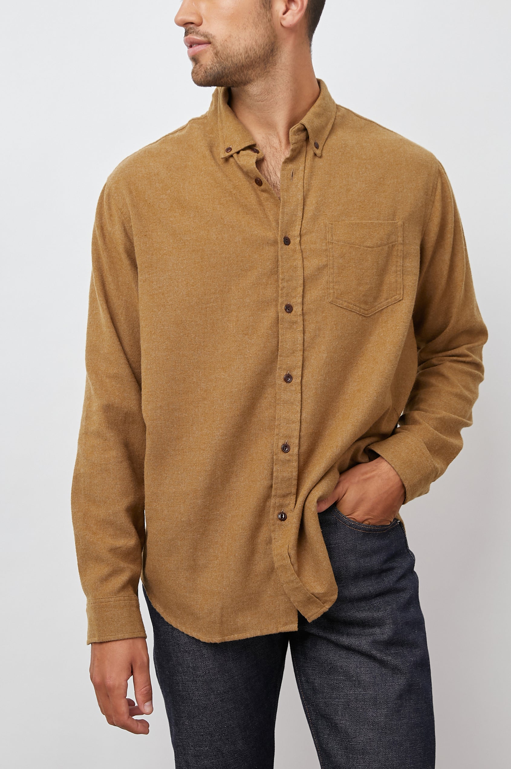 Runson Long-Sleeve Button Down with a Chest Patch Pocket in Golden Rod Colorway - Front View Featured on Model