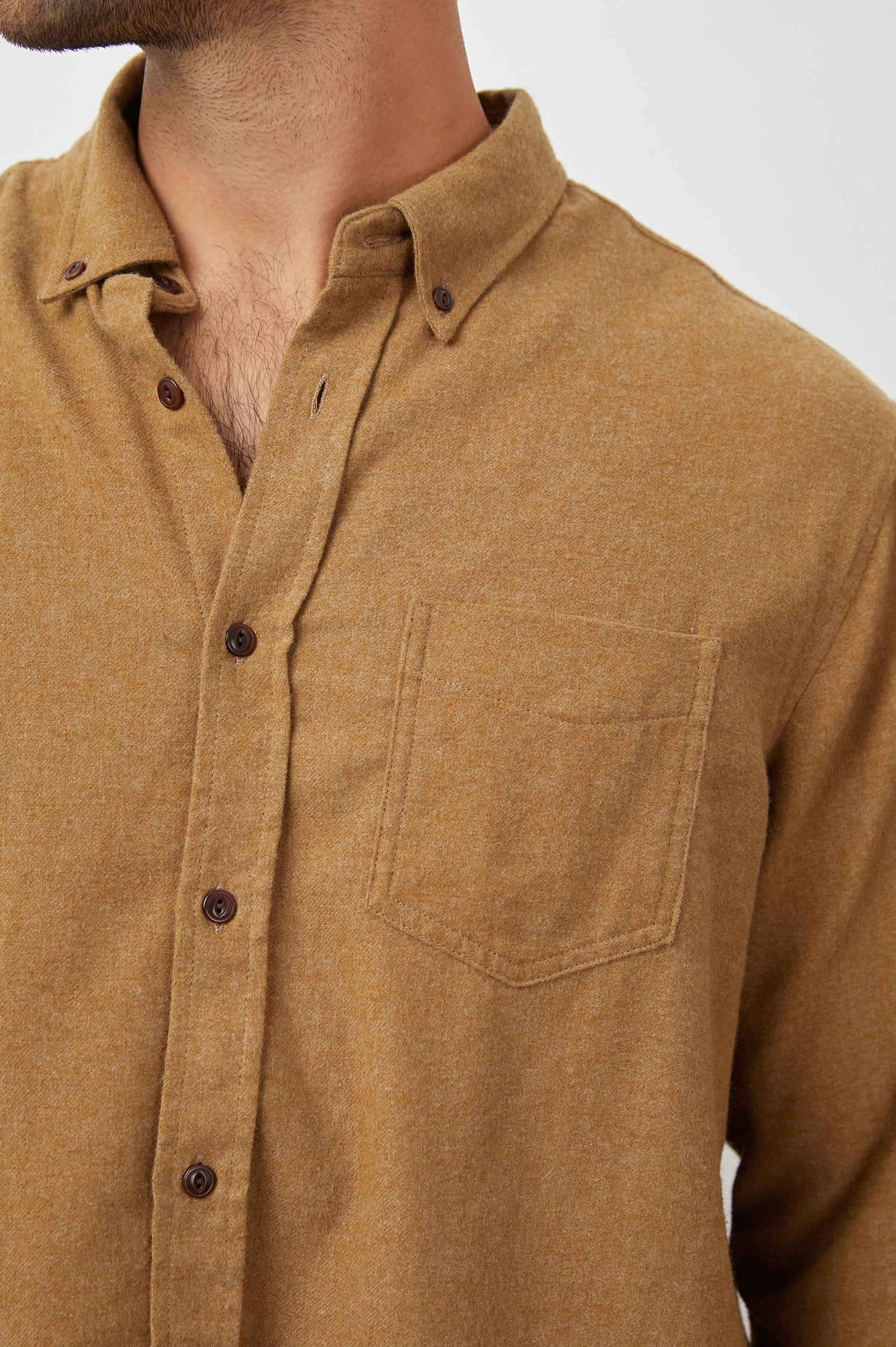 Runson Long-Sleeve Button Down with a Chest Patch Pocket in Golden Rod Colorway - Front View Featured on Model
