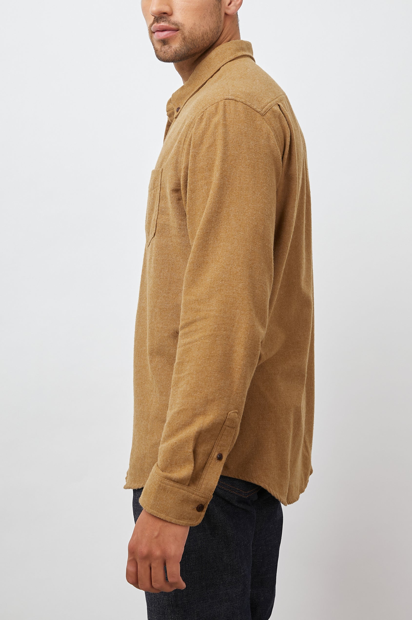 Runson Long-Sleeve Button Down with a Chest Patch Pocket in Golden Rod Colorway - Side View Featured on Model