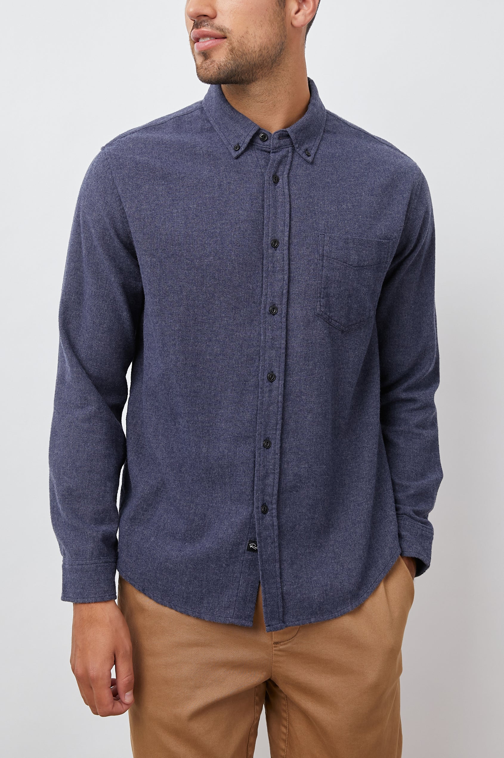 Runson Long-Sleeve Button Down with a Chest Patch Pocket in Heather Blue Colorway - Front View Featured on Model