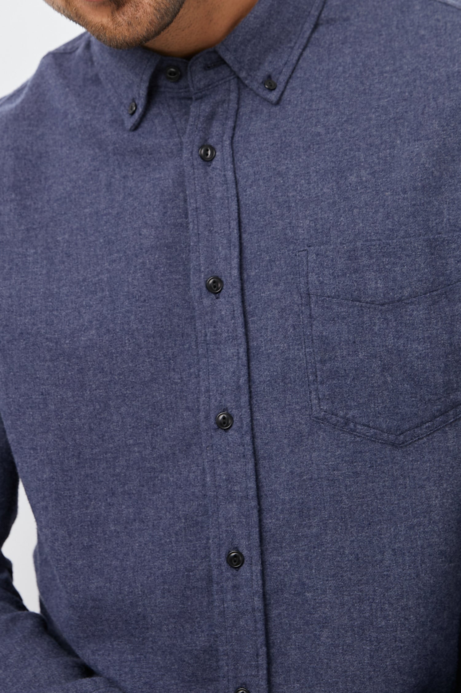 Runson Long-Sleeve Button Down with a Chest Patch Pocket in Heather Blue Colorway - Front View Featured on Model
