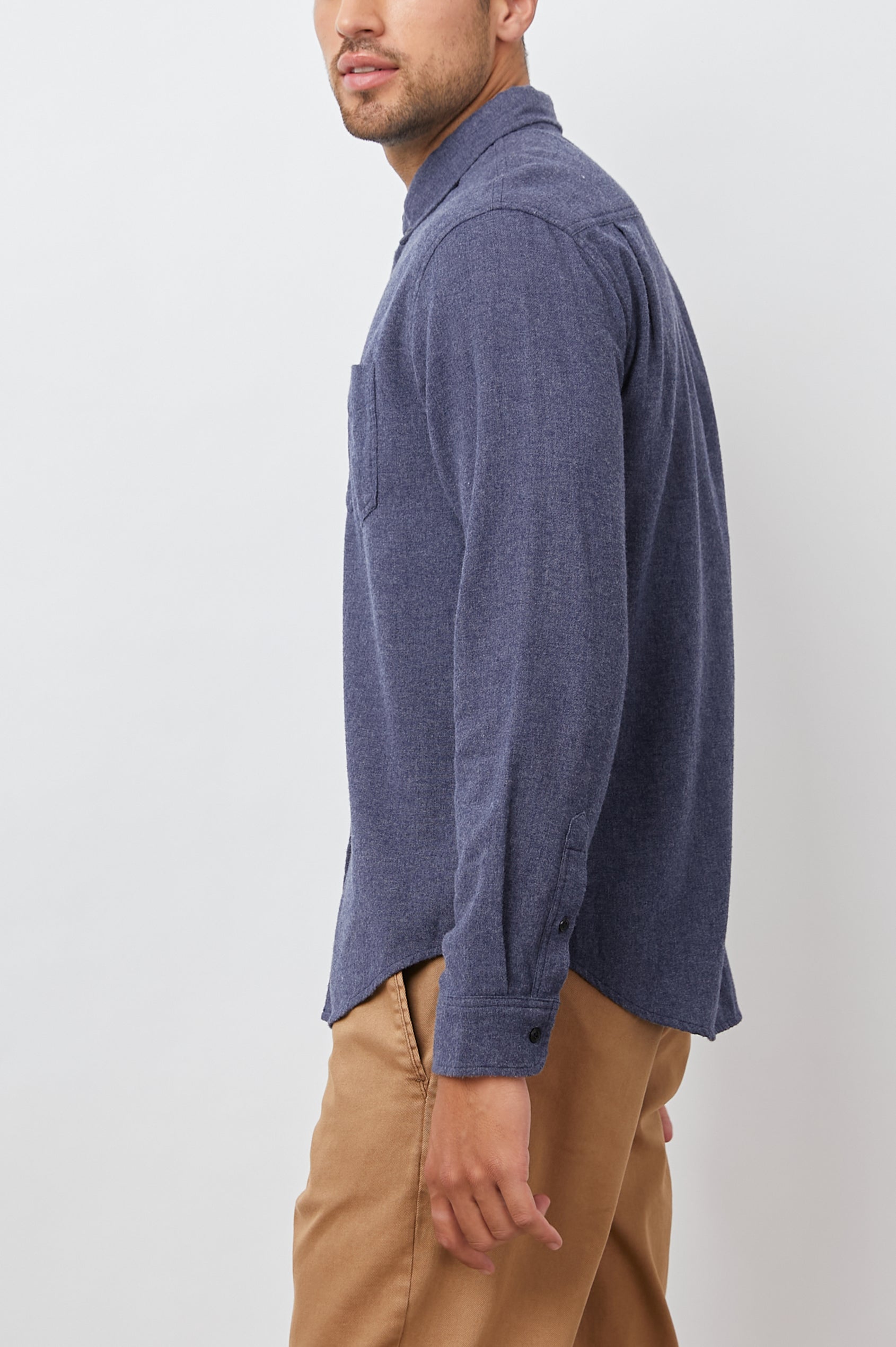 Runson Long-Sleeve Button Down with a Chest Patch Pocket in Heather Blue Colorway - Side View Featured on Model