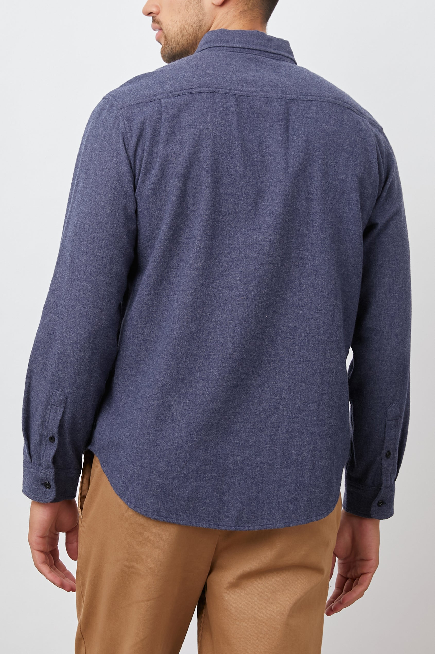 Runson Long-Sleeve Button Down with a Chest Patch Pocket in Heather Blue Colorway - Back View Featured on Model