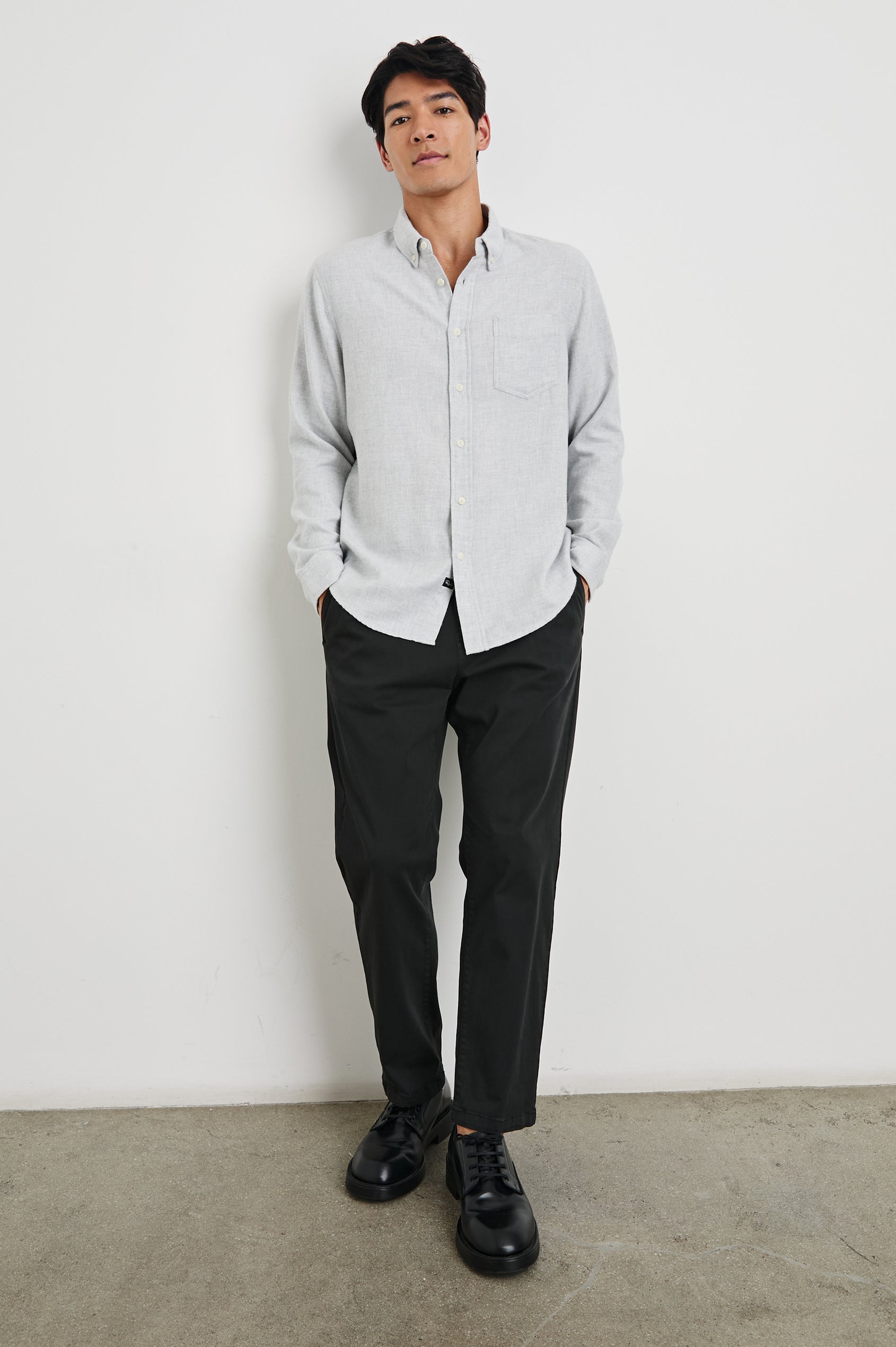 Runson Long-Sleeve Button Down with a Chest Patch Pocket in Heather Grey Colorway - Front Full Body View Featured on Model