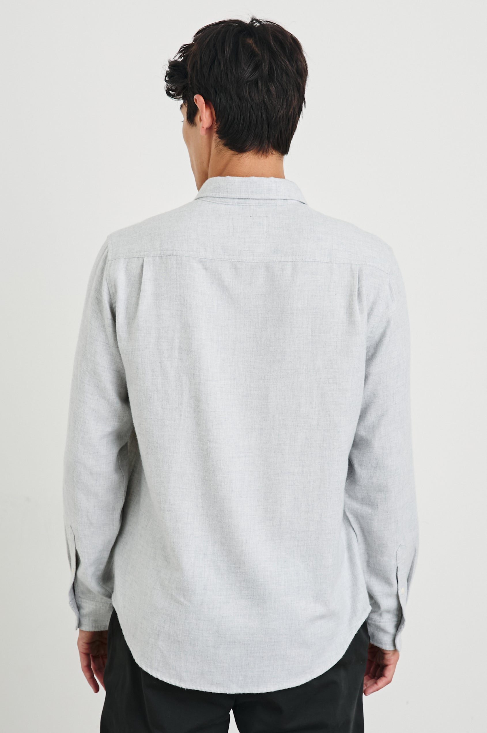 Runson Long-Sleeve Button Down with a Chest Patch Pocket in Heather Grey Colorway - Back View Featured on Model