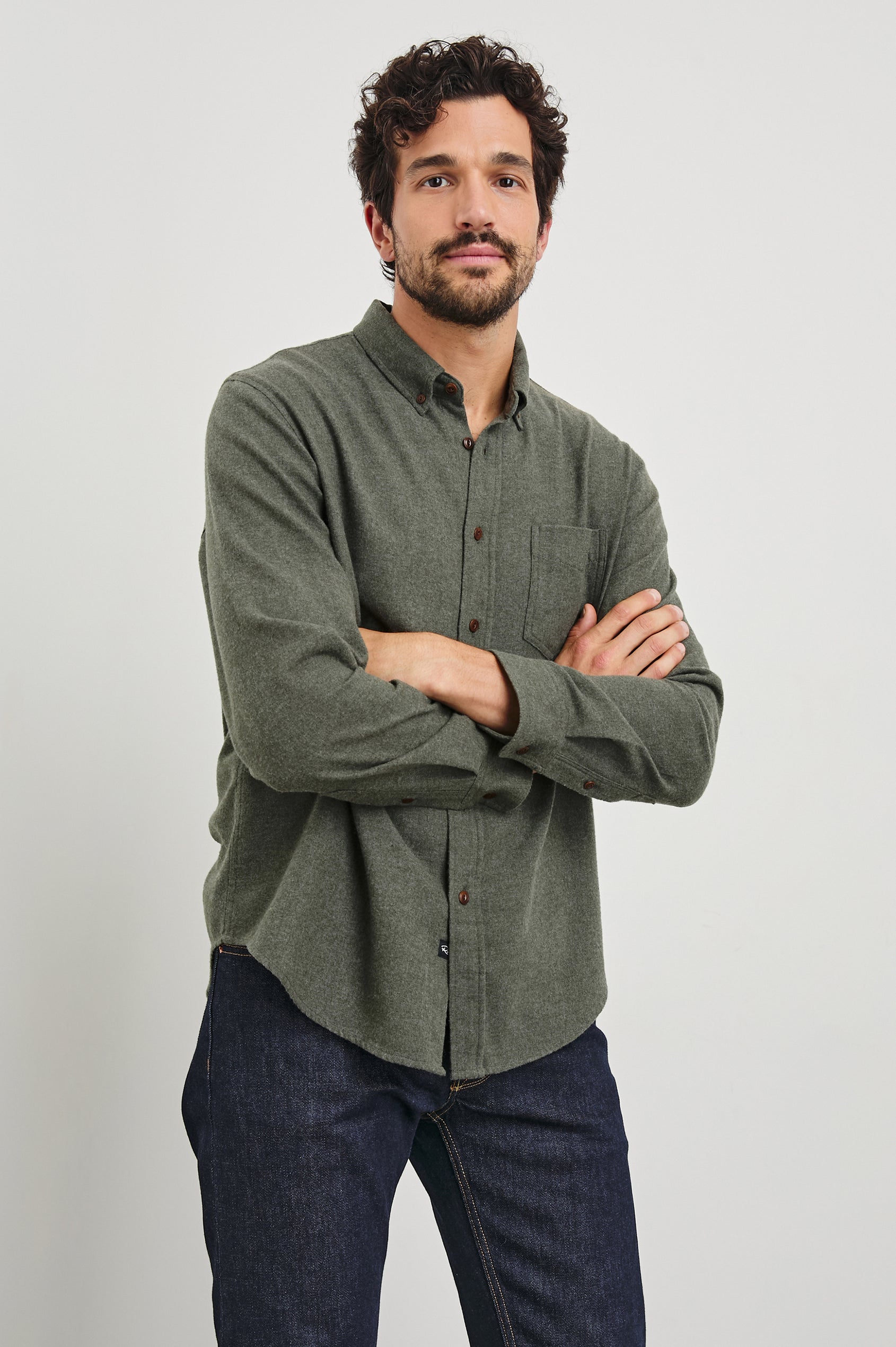 Runson Long-Sleeve Button Down with a Chest Patch Pocket in Heather Green Colorway - Front View Featured on Model