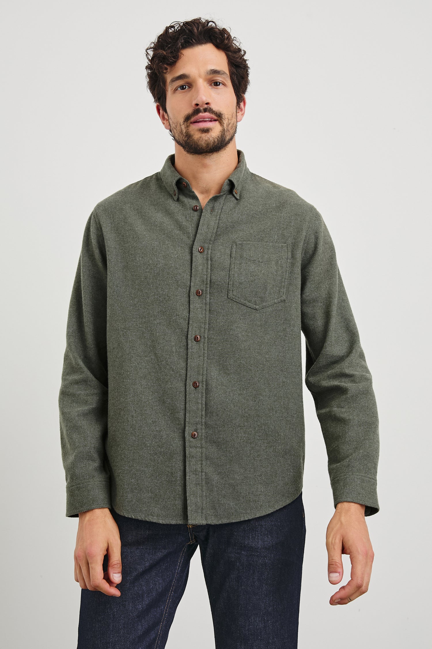 Runson Long-Sleeve Button Down with a Chest Patch Pocket in Heather Green Colorway - Front View Featured on Model