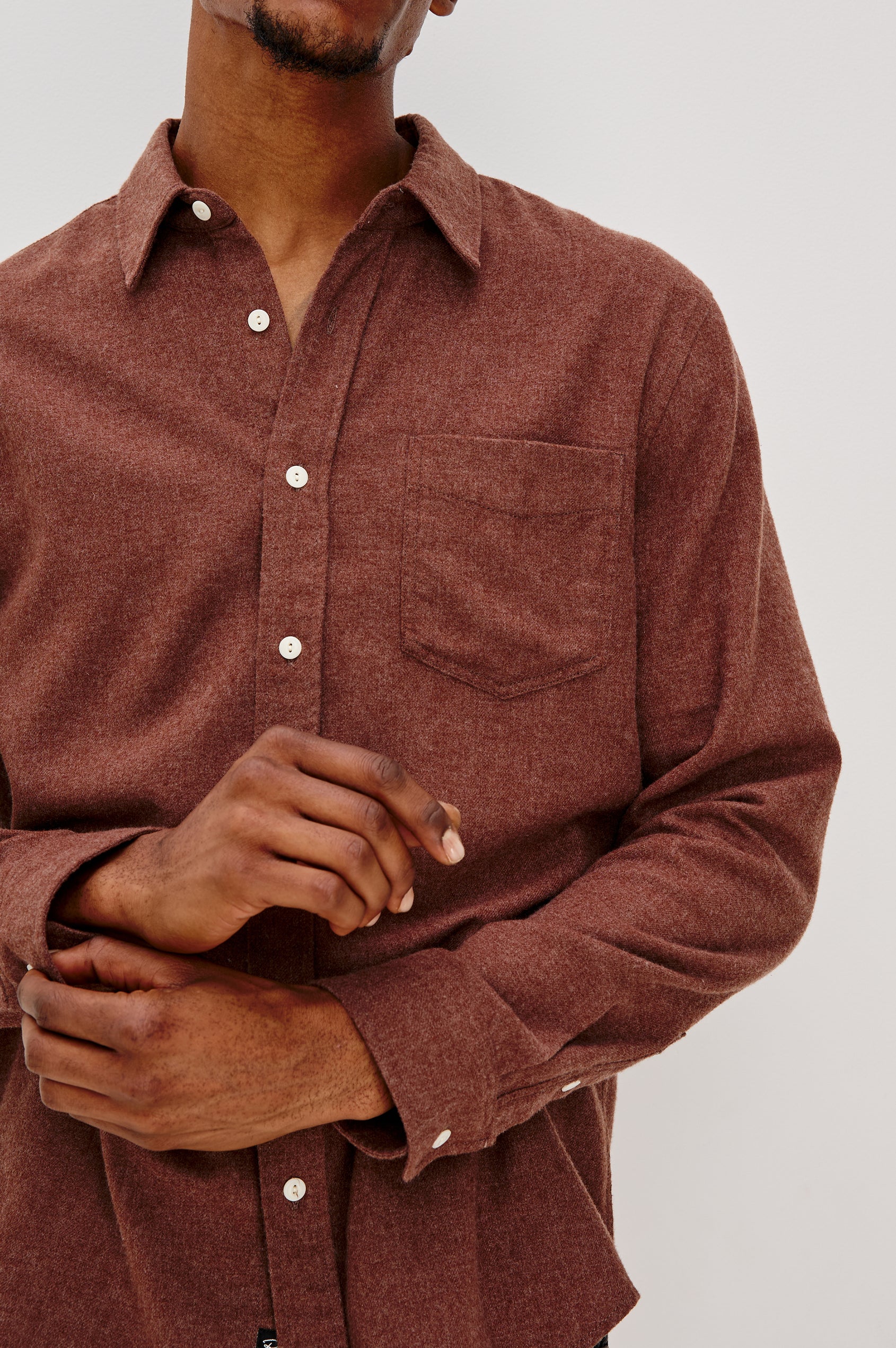 Runson Long-Sleeve Button Down with a Chest Patch Pocket in Mohagany Heather Colorway - Front Detail View Featured on Model