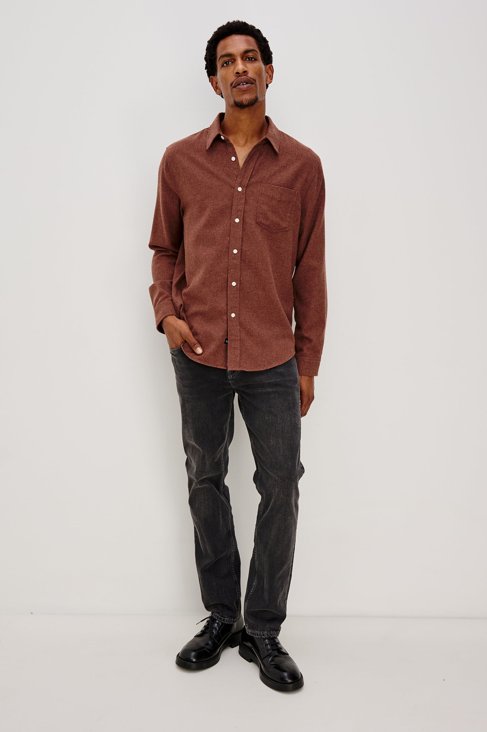 Runson Long-Sleeve Button Down with a Chest Patch Pocket in Mohagany Heather Colorway - Front Full Body View Featured on Model