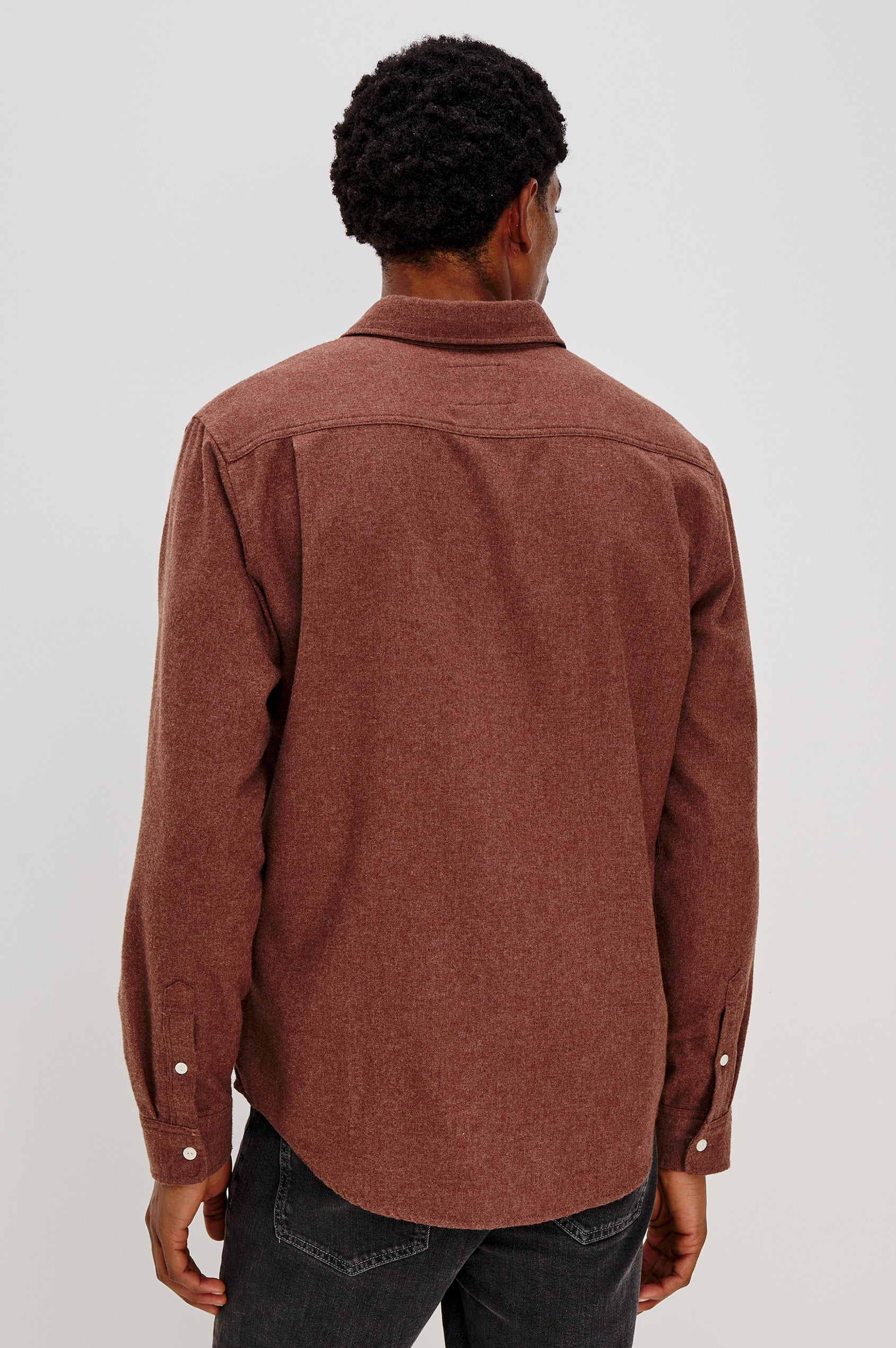 Runson Long-Sleeve Button Down with a Chest Patch Pocket in Mohagany Heather Colorway - Back View Featured on Model