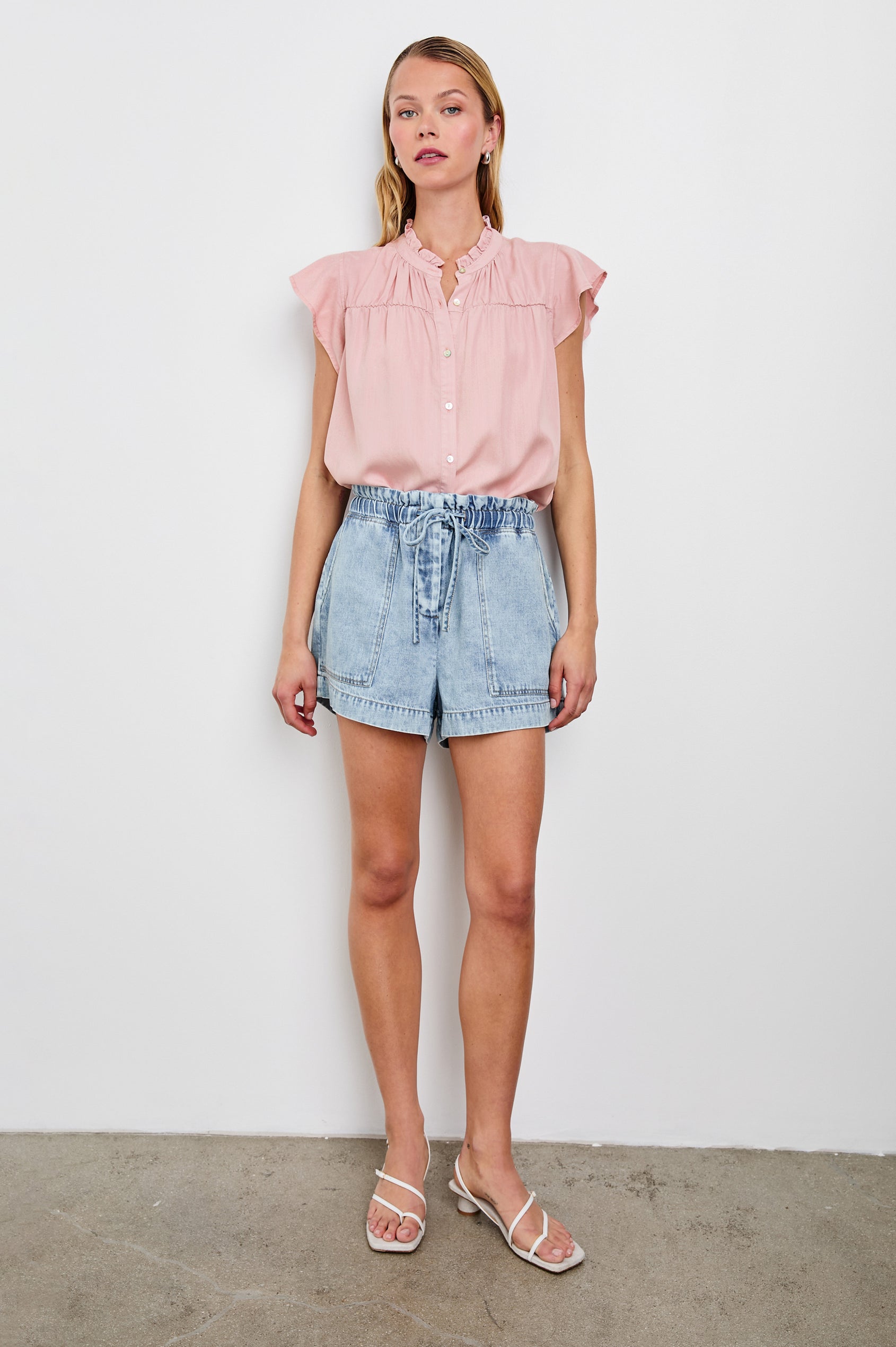 Ruthie Top with Flutter Cap Sleeves, a Ruffled Banded Collar, Buttons Down the Front, and Soft Shirring at Front Yoke in Dusty Rose Colorway - Front Full Body View Featured on Model