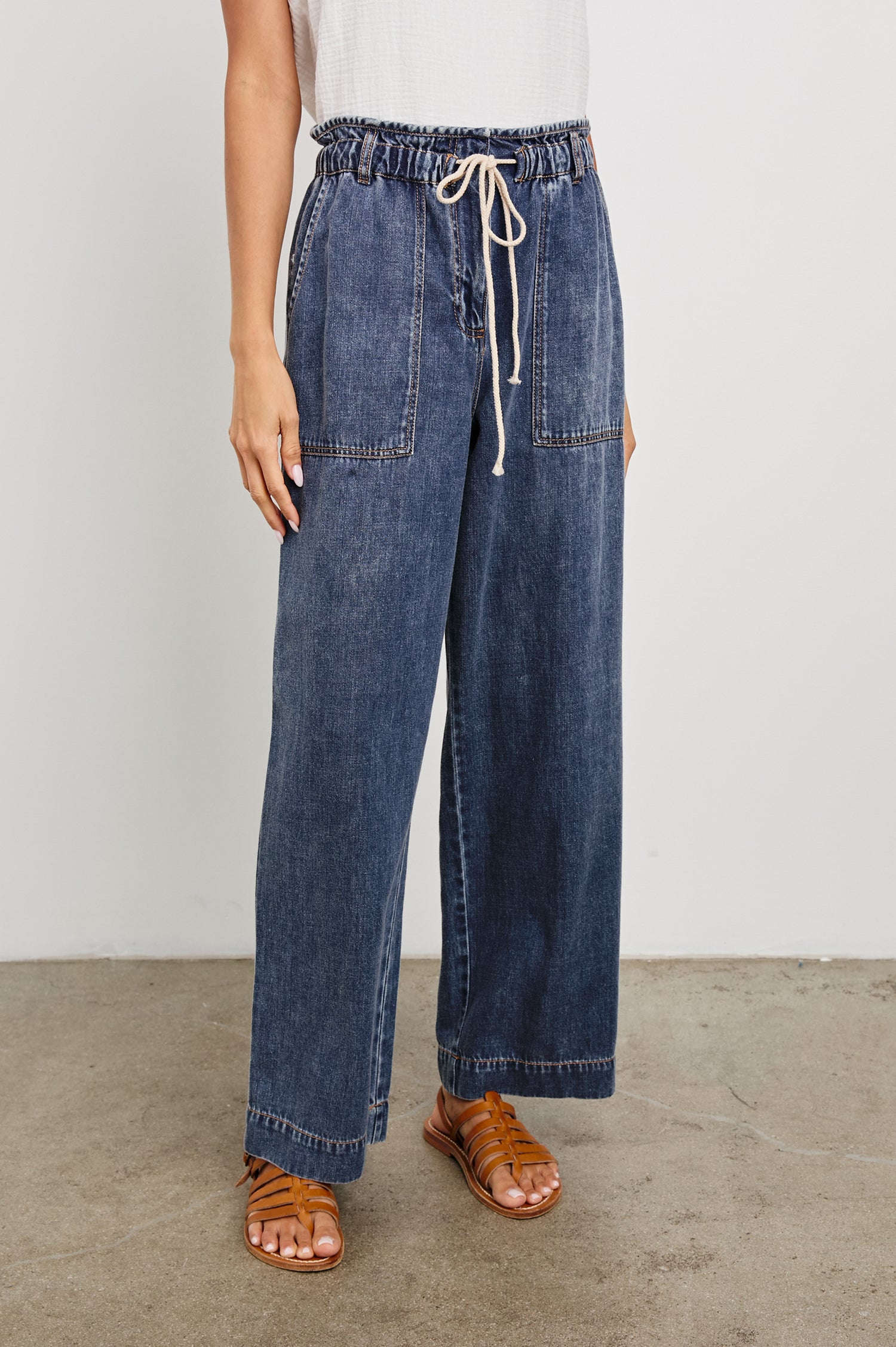 Ryan high rise linen pant with shirred waist and drawstring in dark wash Classic Blue - front view on model