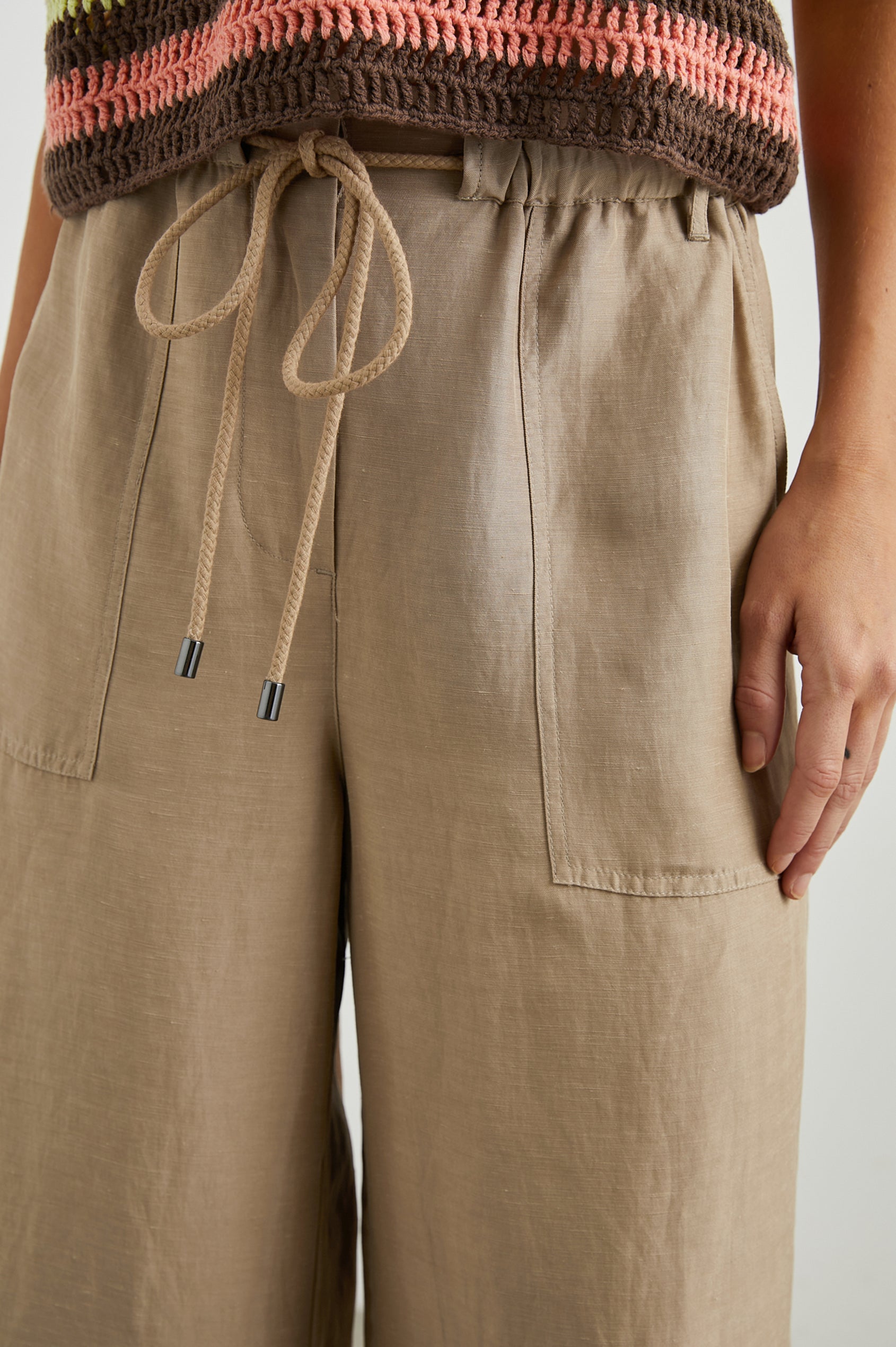 Ryan Pants with a Corded Drawstring Waist, Large Front Pockets and two Back Pockets in Safari Colorway - Front View Featured on Model