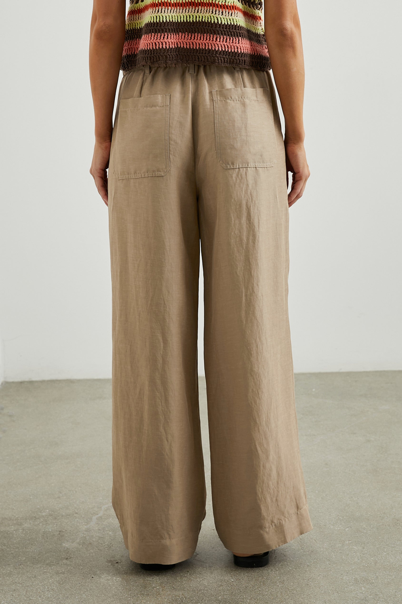 Ryan Pants with a Corded Drawstring Waist, Large Front Pockets and two Back Pockets in Safari Colorway - Back View Featured on Model