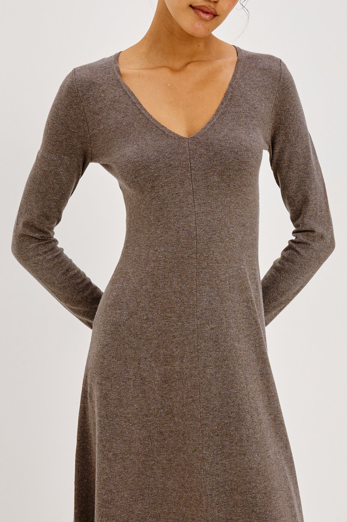 Sabrina Midi Dress in Fine Knit With Fitted Bodice, V-Neckline, Front Seam, and A-line Skirt in Heather Latte - Front Detail Crop View Featured on Model.