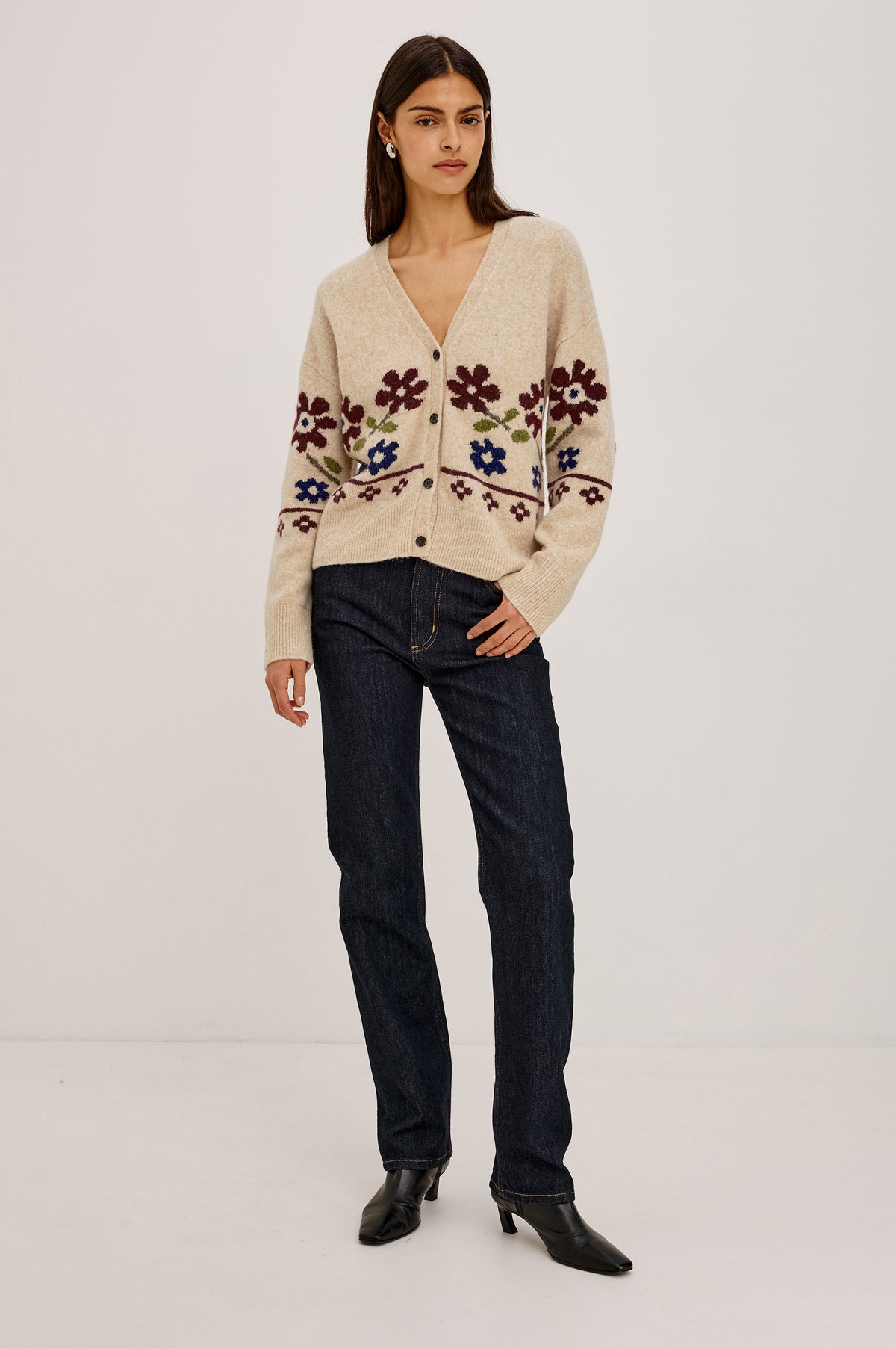Saffron Cardigan in Wool Blend Knit With Relaxed Slightly Oversized Fit, Front Buttons, and Ribbed Trim in Oat Floral Colorway - Full Body Front View Featured on Model.