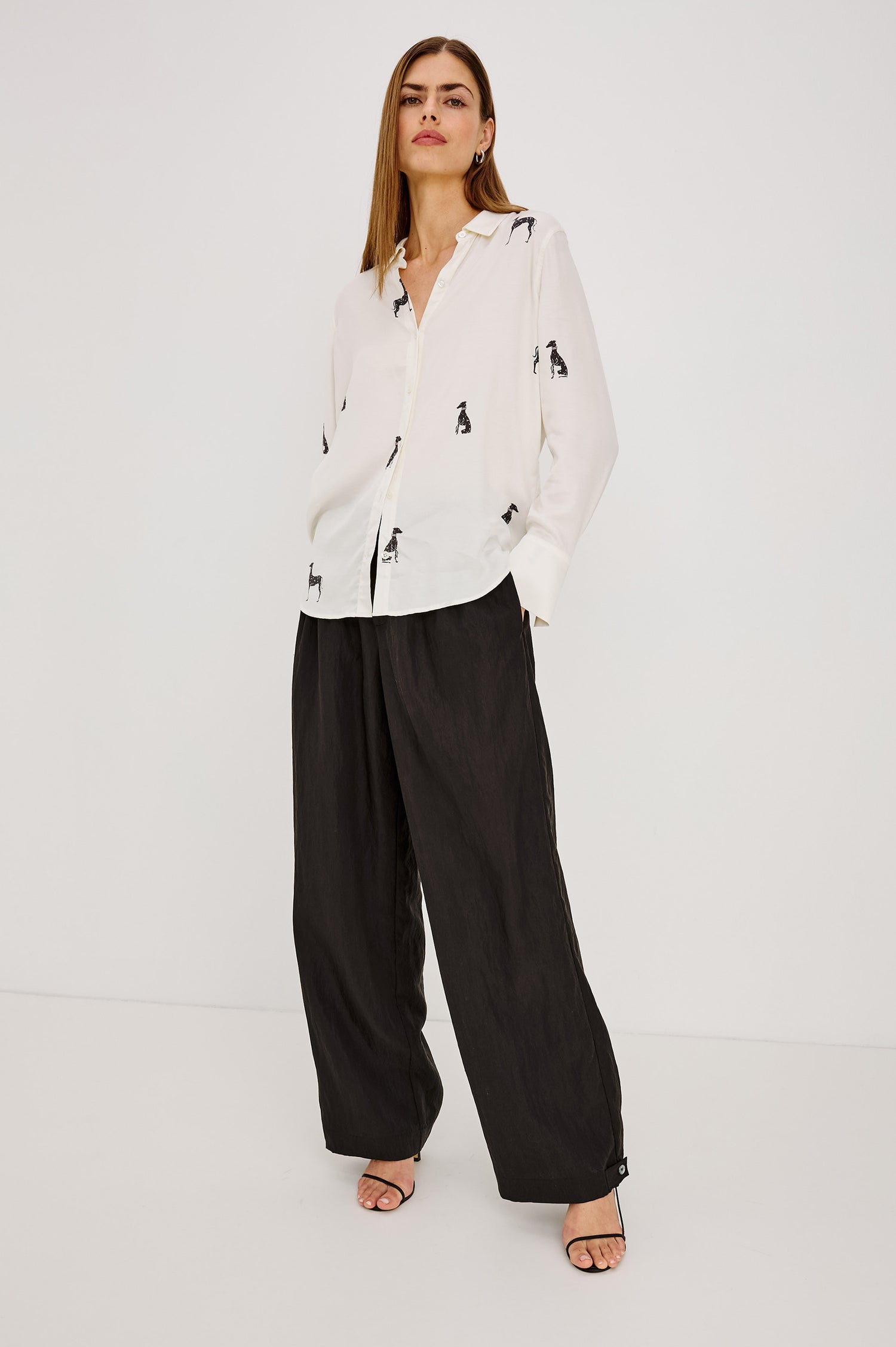 Saige Shirt in Silky Twill With Relaxed Oversized Fit, Button-Front, Point Collar, Long Sleeves, Back Yoke, and Shirttail Hem in Ivory Whippets Colorway - Full Body Front View Featured on Model