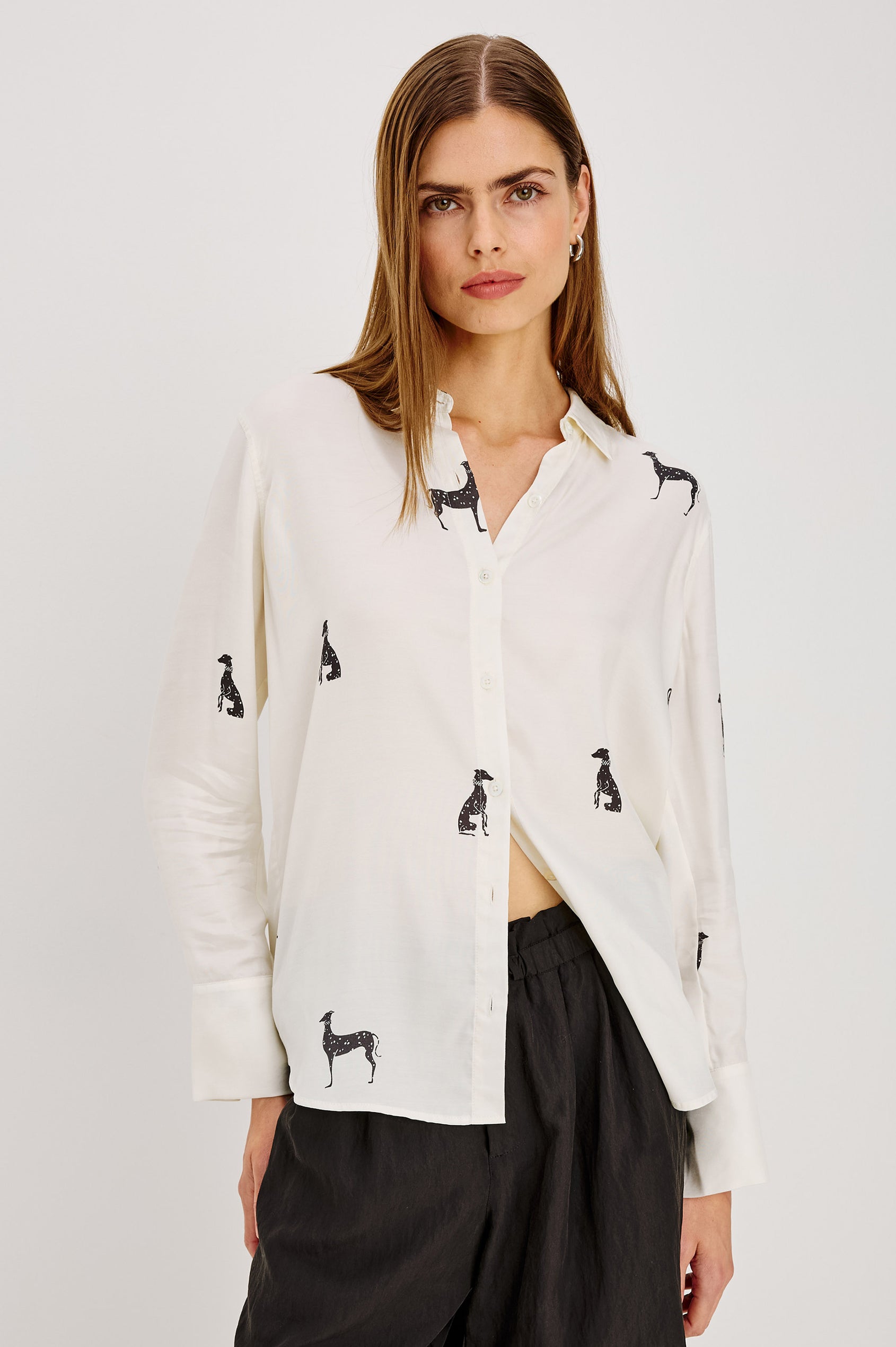 Saige Shirt in Silky Twill With Relaxed Oversized Fit, Button-Front, Point Collar, Long Sleeves, Back Yoke, and Shirttail Hem in Ivory Whippets Colorway - Upper Body Front View Featured on Model