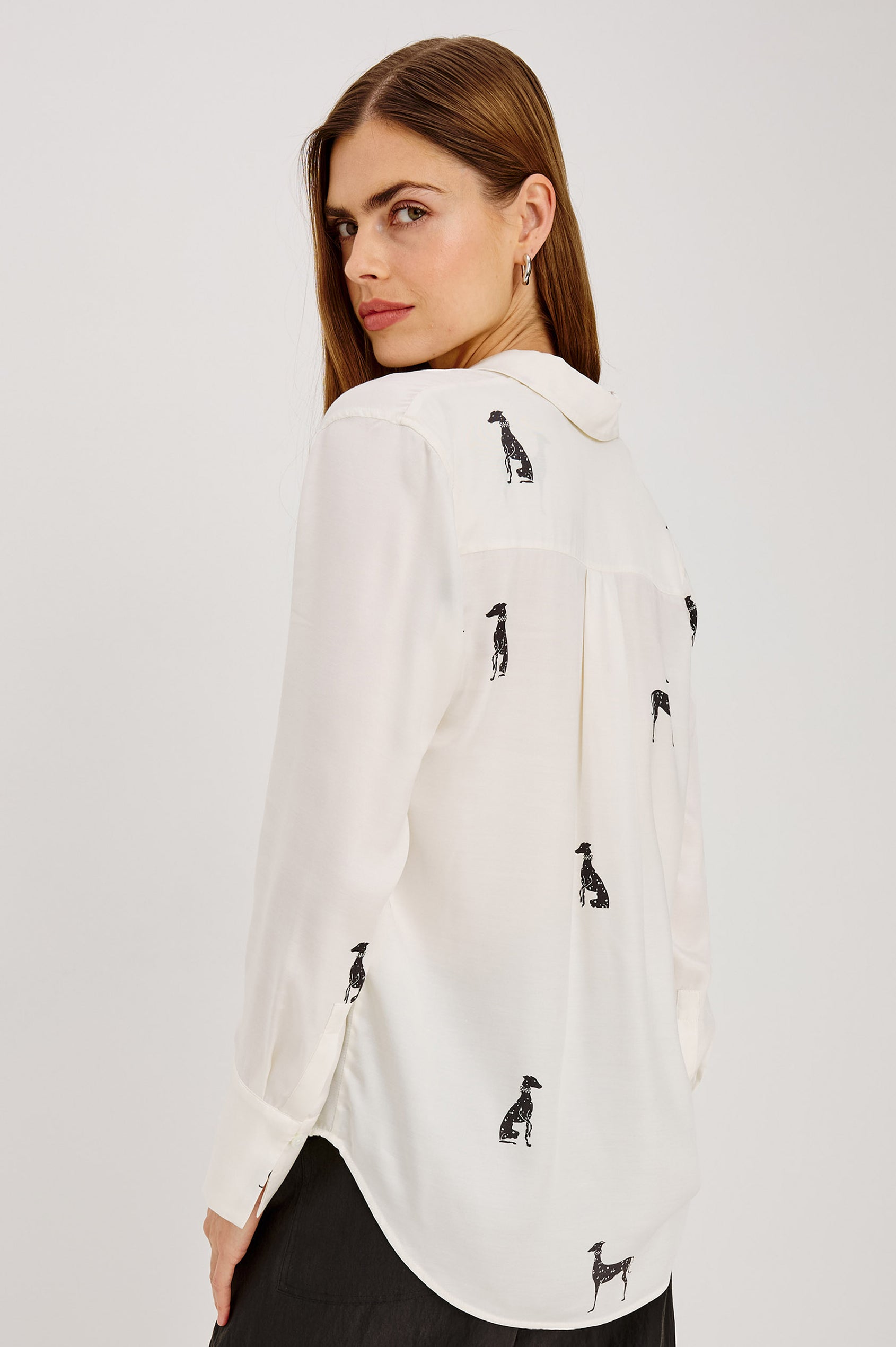 Saige Shirt in Silky Twill With Relaxed Oversized Fit, Button-Front, Point Collar, Long Sleeves, Back Yoke, and Shirttail Hem in Ivory Whippets Colorway - Upper Body Back View Featured on Model