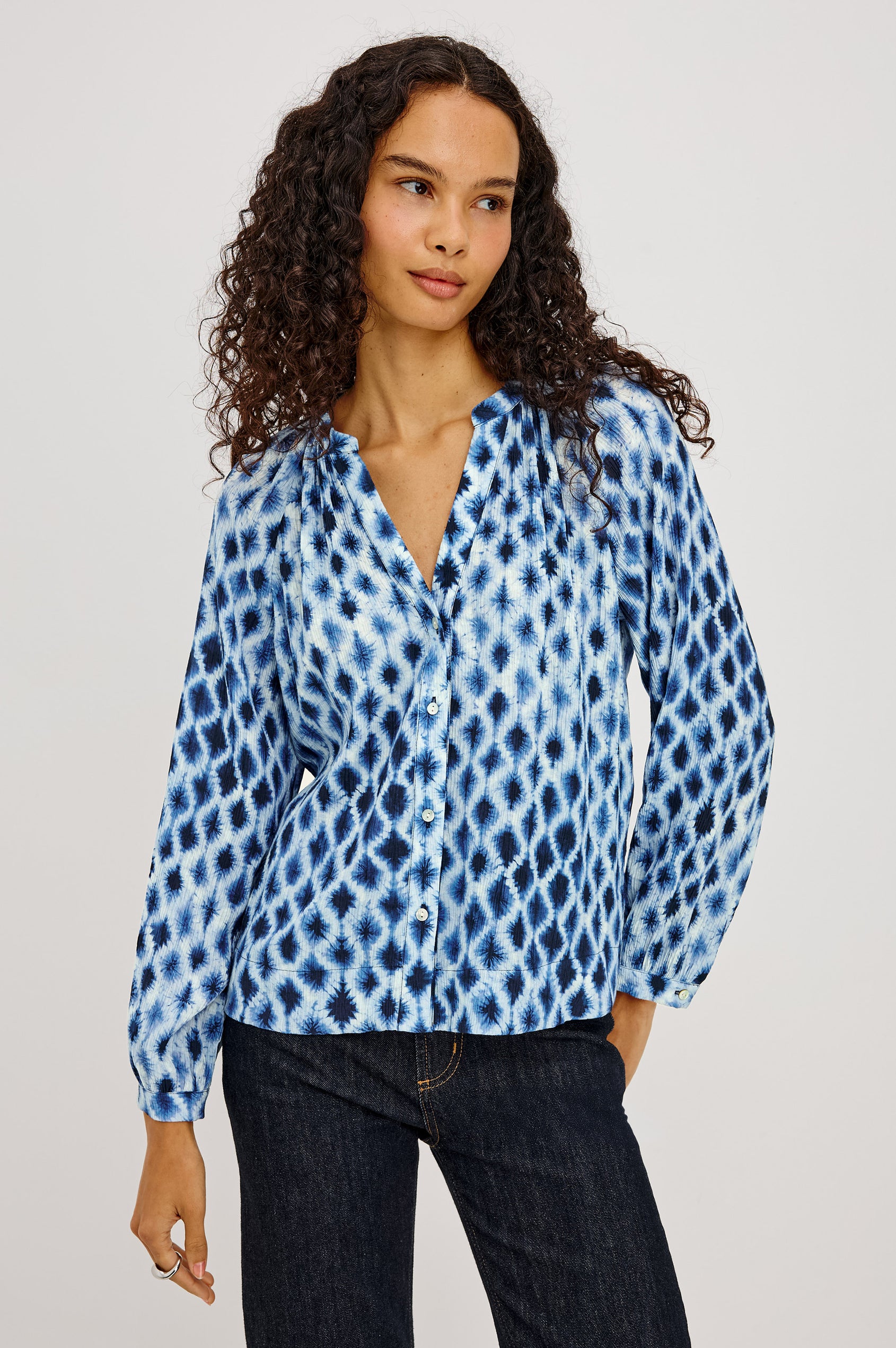 Saint Shirt in Lightweight Crinkle Chiffon With Loose Fit, Split V-Neckline, Button Front, and 3/4-Length Raglan Puff Sleeves in Sapphire Shibori Colorway - Upper Body Front View Featured on Model