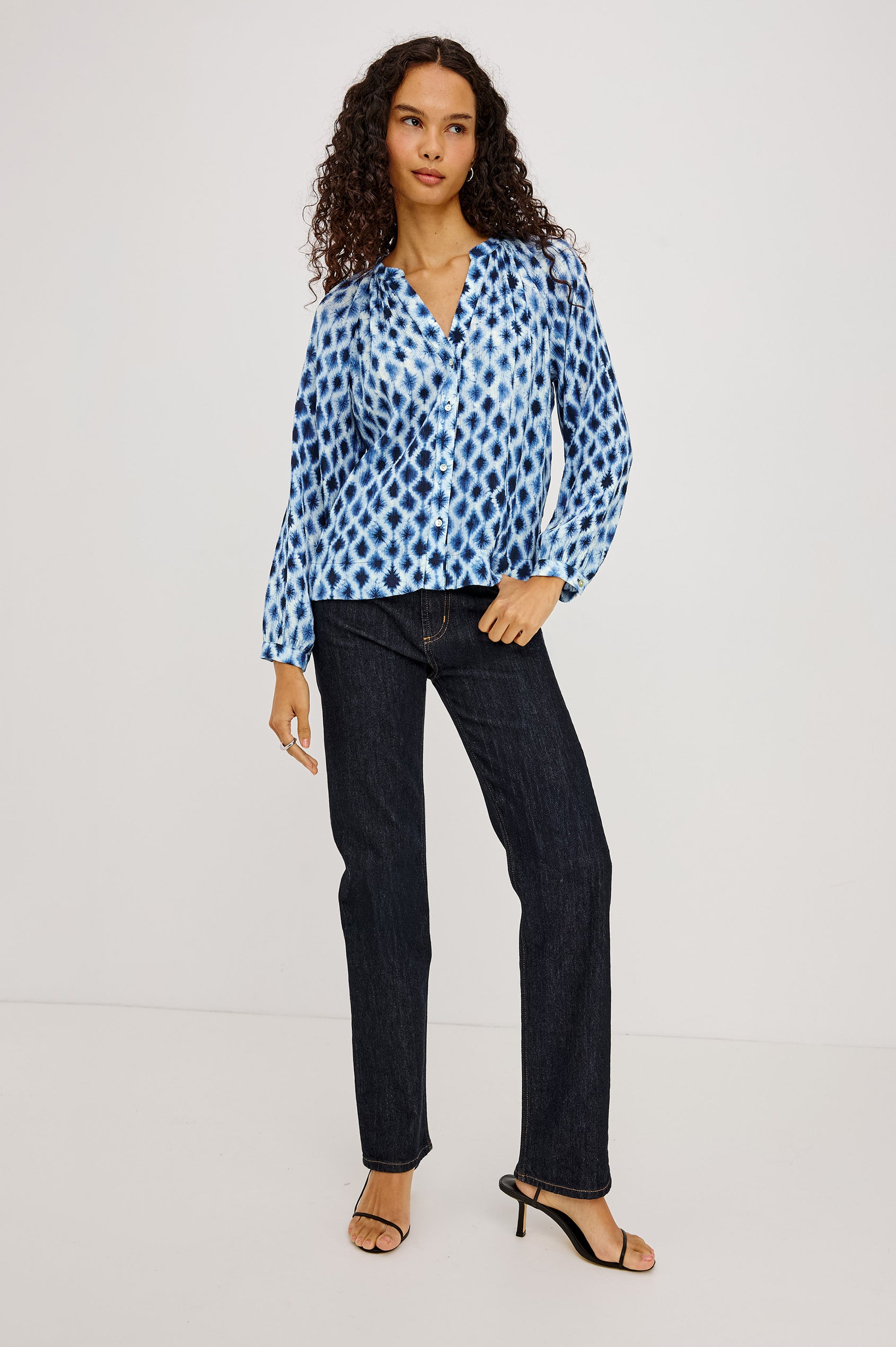 Saint Shirt in Lightweight Crinkle Chiffon With Loose Fit, Split V-Neckline, Button Front, and 3/4-Length Raglan Puff Sleeves in Sapphire Shibori Colorway - Full Body Front View Featured on Model